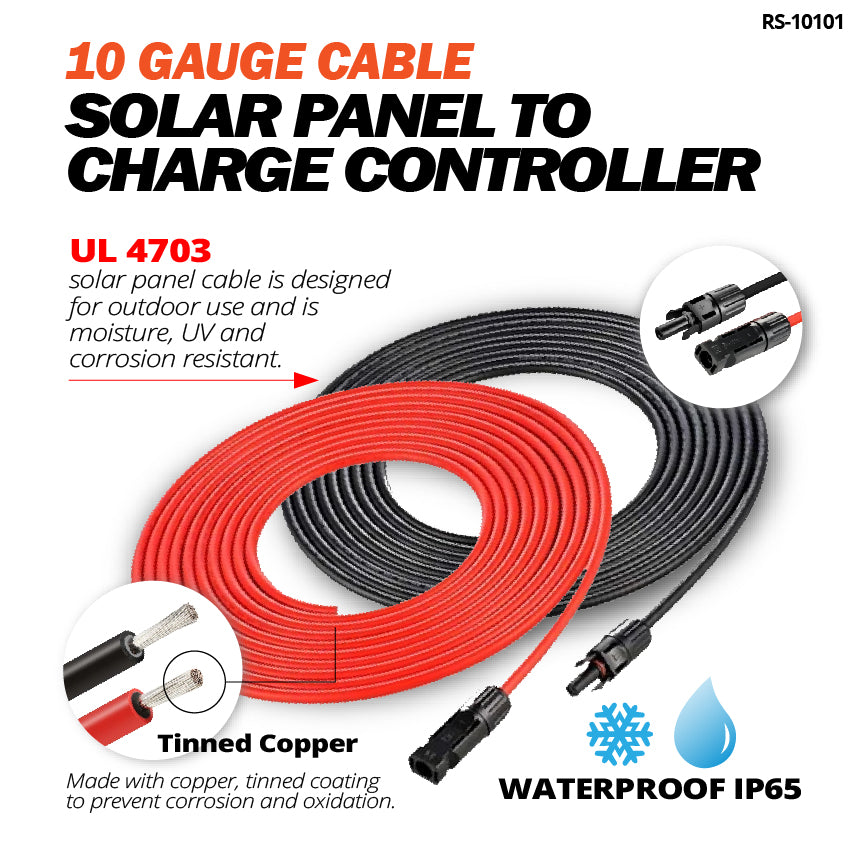 Rich Solar 10 gauge cable connect solar panel to charge controller feature graphic with UL 4703, solar connectors, waterproof rating, and tinned copper