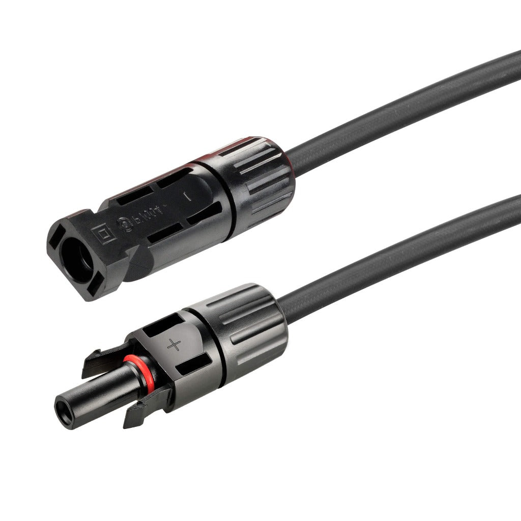 Close-up of black Rich Solar solar extension cable connector ends