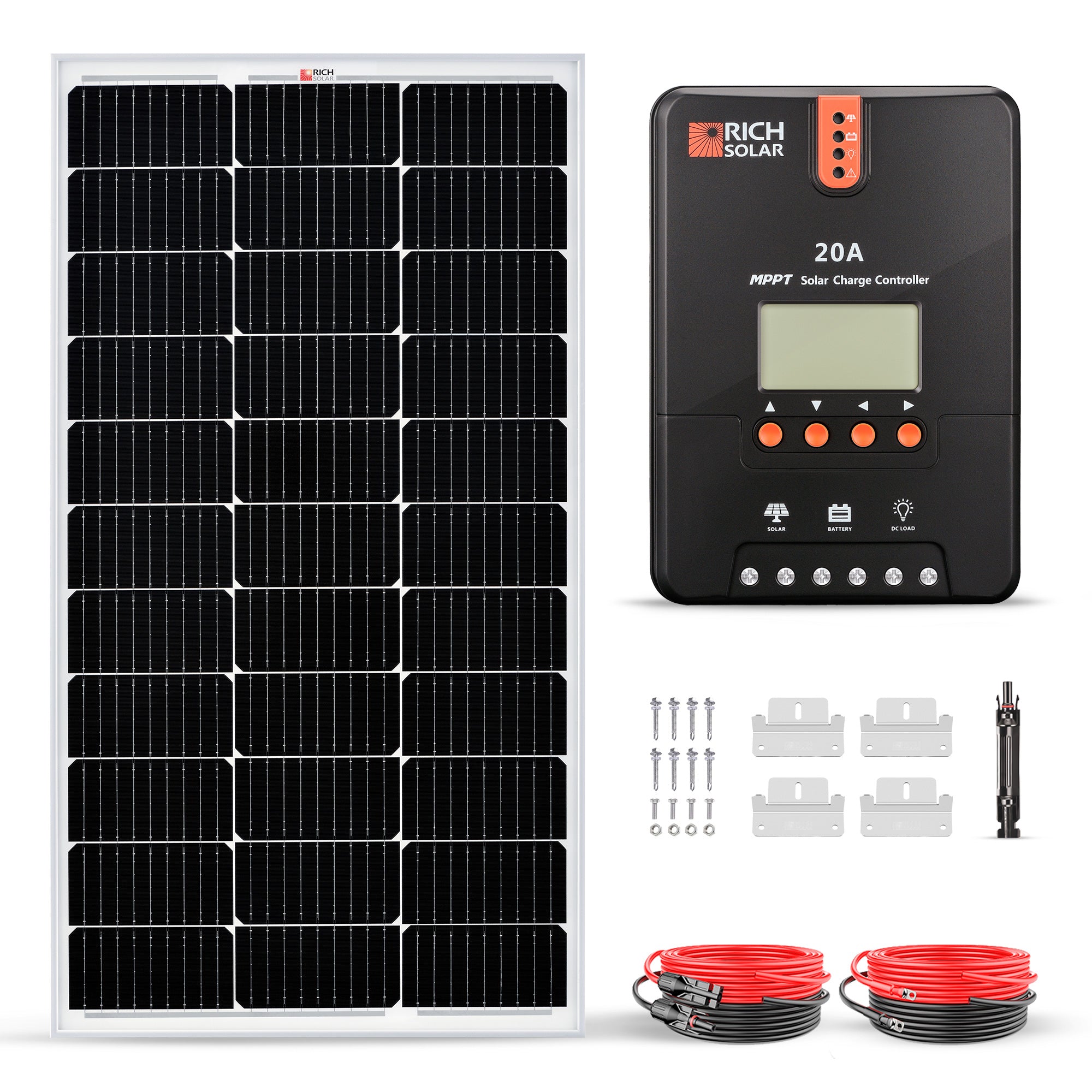 Rich Solar RS-K1002 100 Watt Solar Kit with solar panel, 20A MPPT controller, cables, brackets, and fuse holder