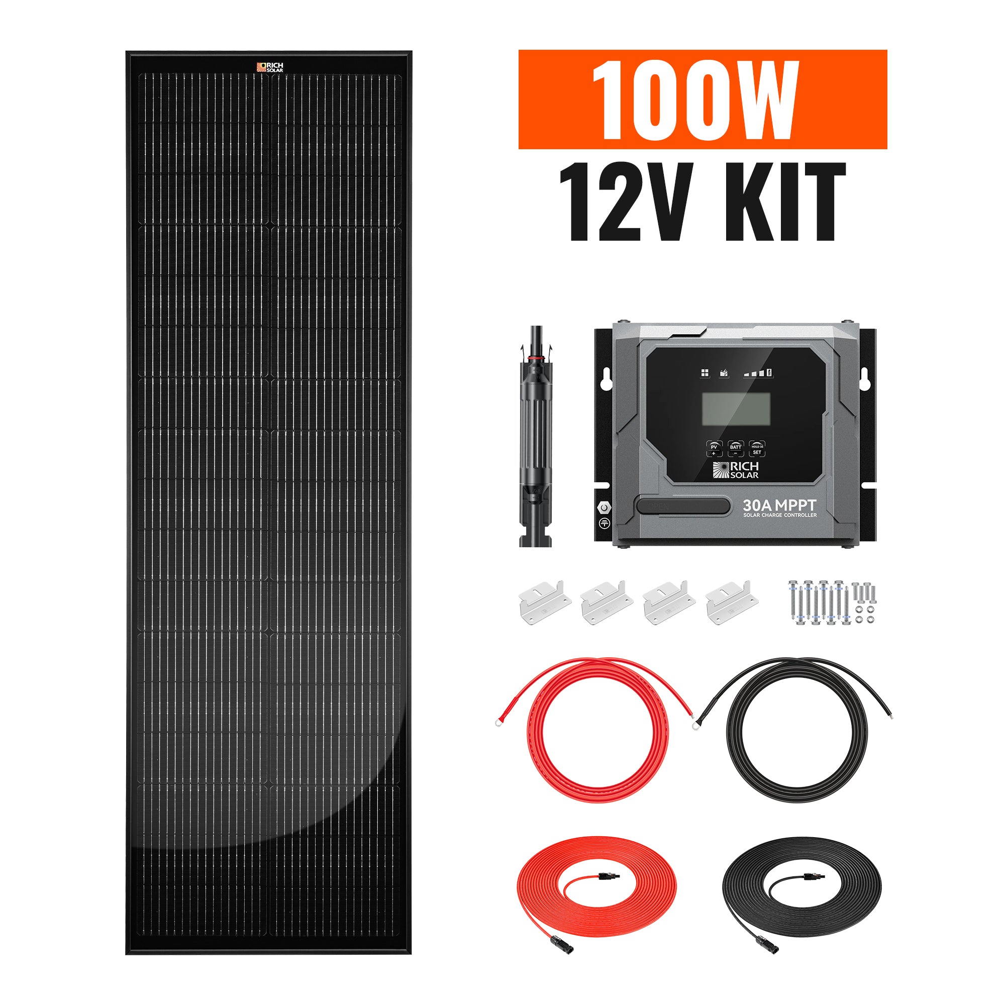 Rich Solar 100W 12V Slim Kit overview with panel, controller, cables, brackets, and fuse holder