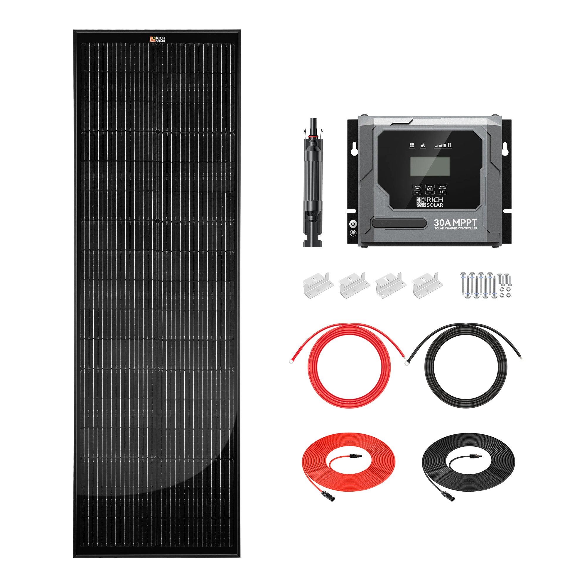 Rich Solar RS-K100SL 100W Slim Kit with slim solar panel, MPPT controller, cables, brackets, and fuse holder