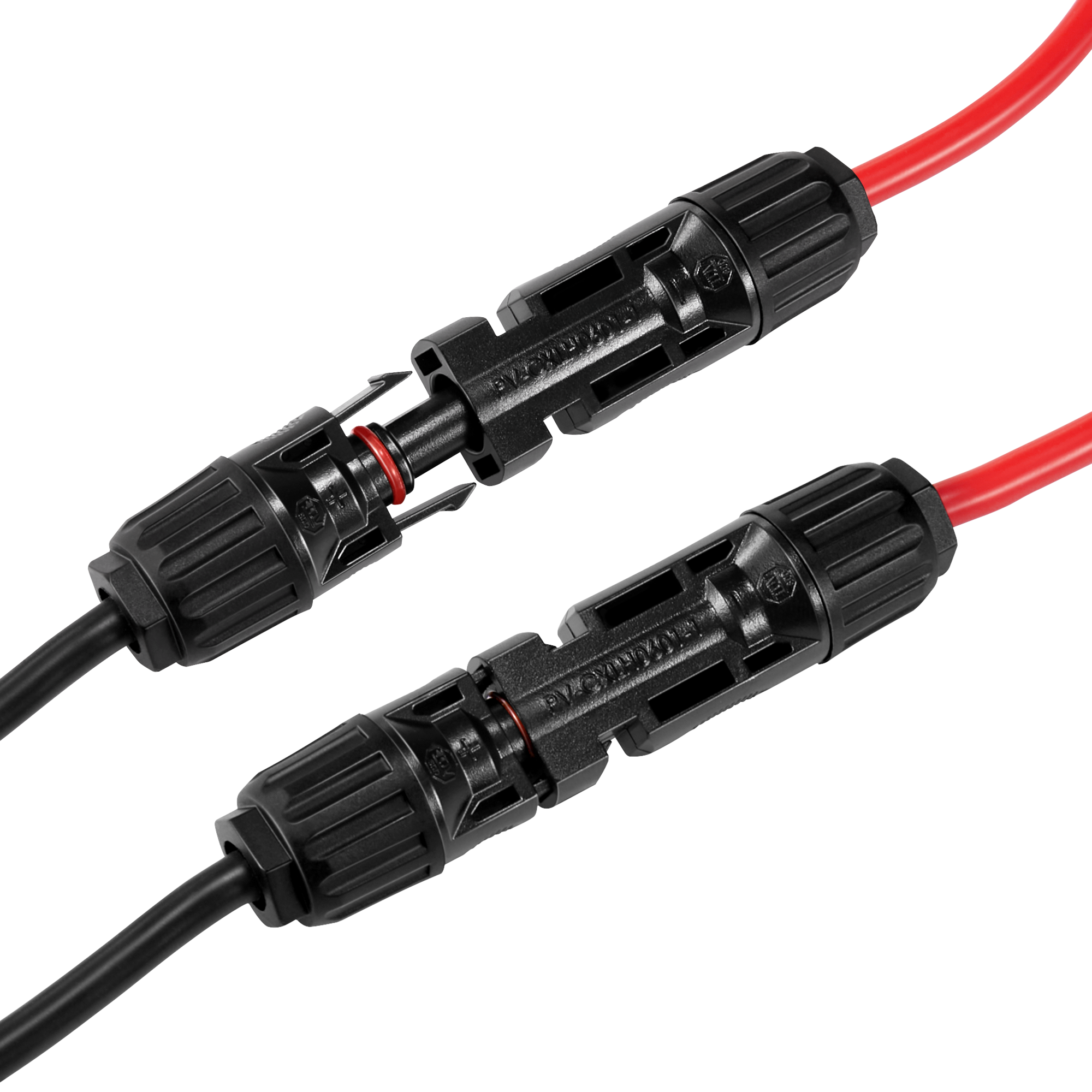 Close-up of Rich Solar RS-M2S solar connectors showing quick-connect solar connector ends