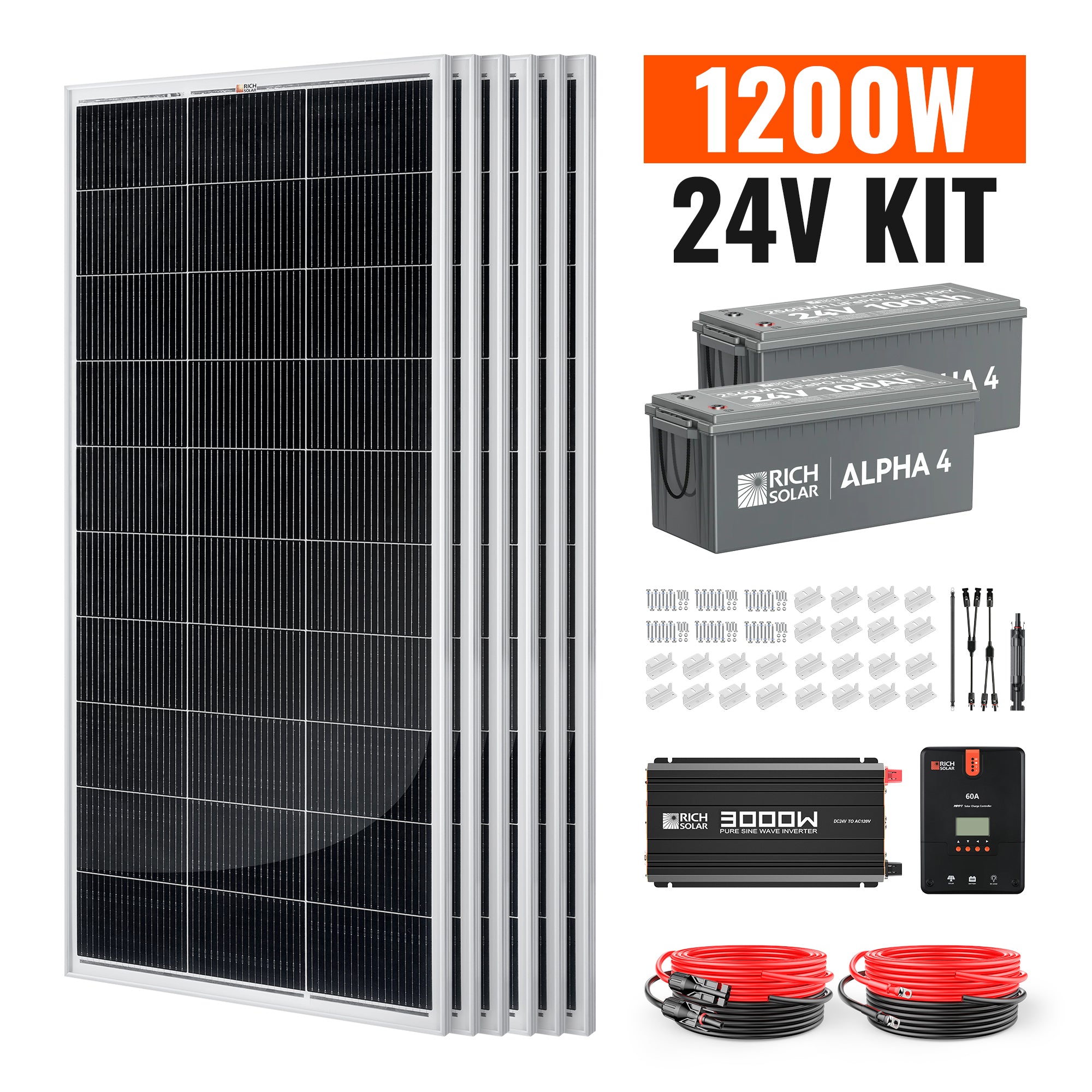 Rich Solar 1200W 24V complete solar kit overview with solar panels, batteries, inverter, controller, and accessories