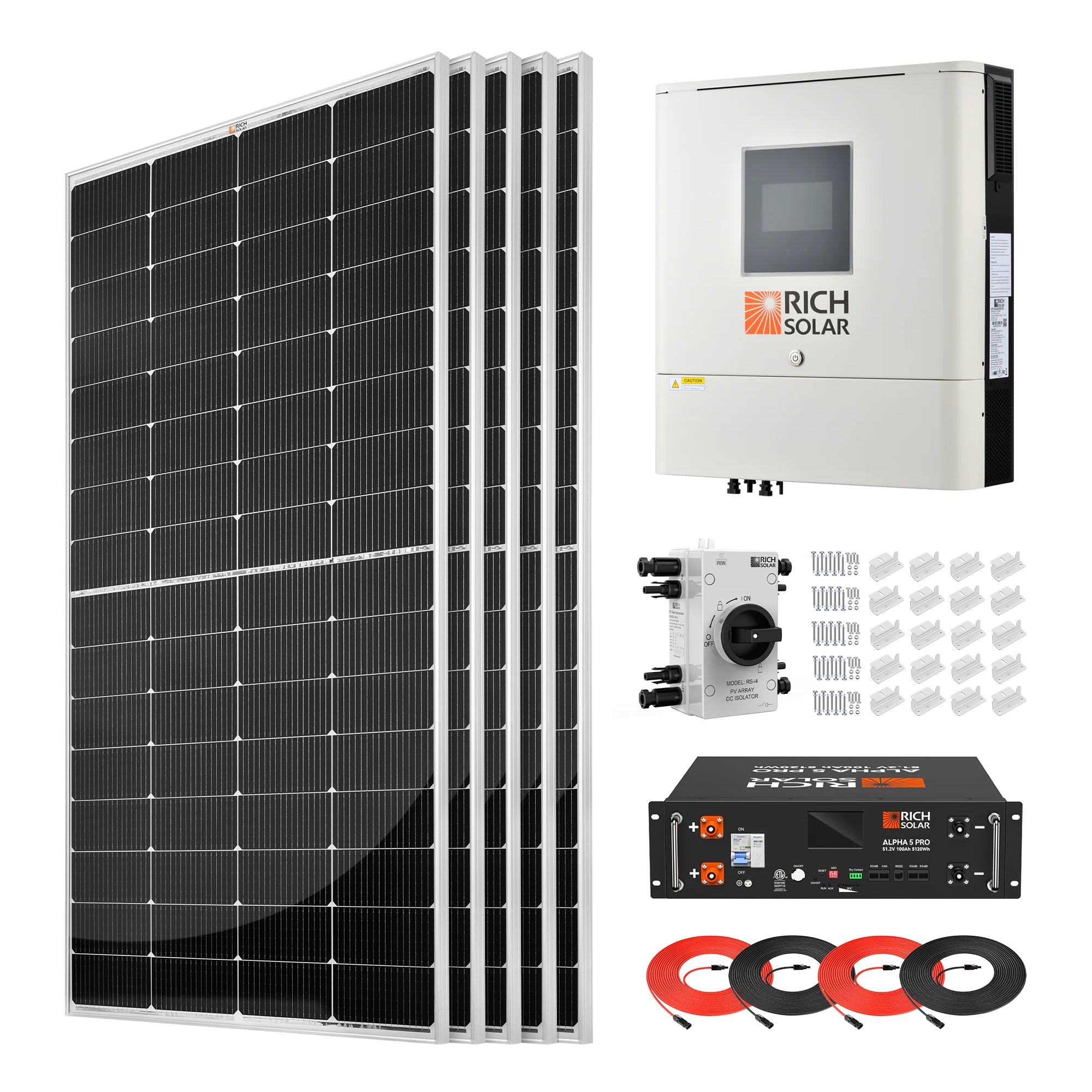 Rich Solar RS-CBK1250 1250W 48VDC 120VAC Solar Kit with MEGA 250 panels, ALPHA 5 PRO battery, NOVA 6500S inverter, cables, brackets, and PV disconnect