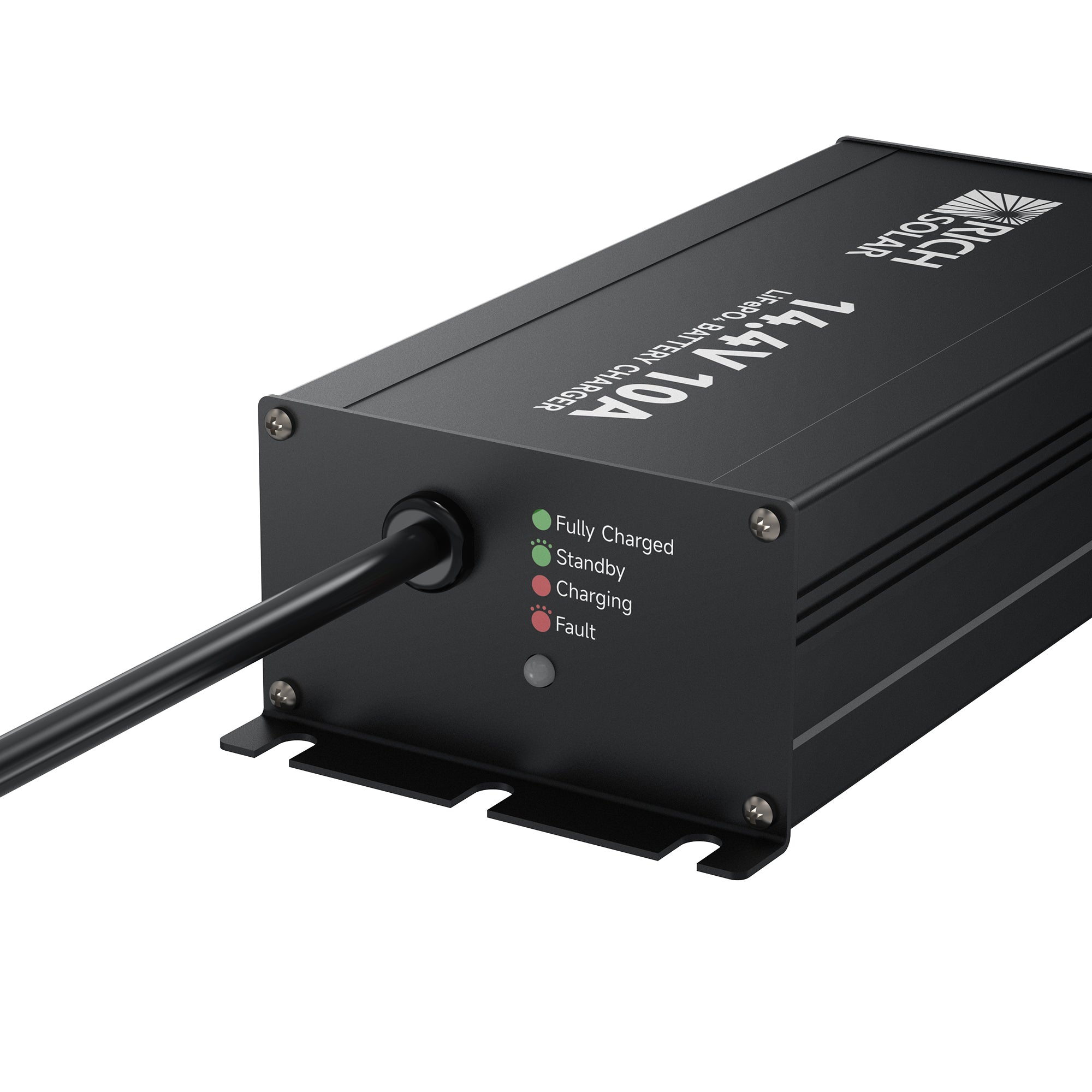 Close-up of Rich Solar 12V 10A LiFePO4 battery charger LED status indicators