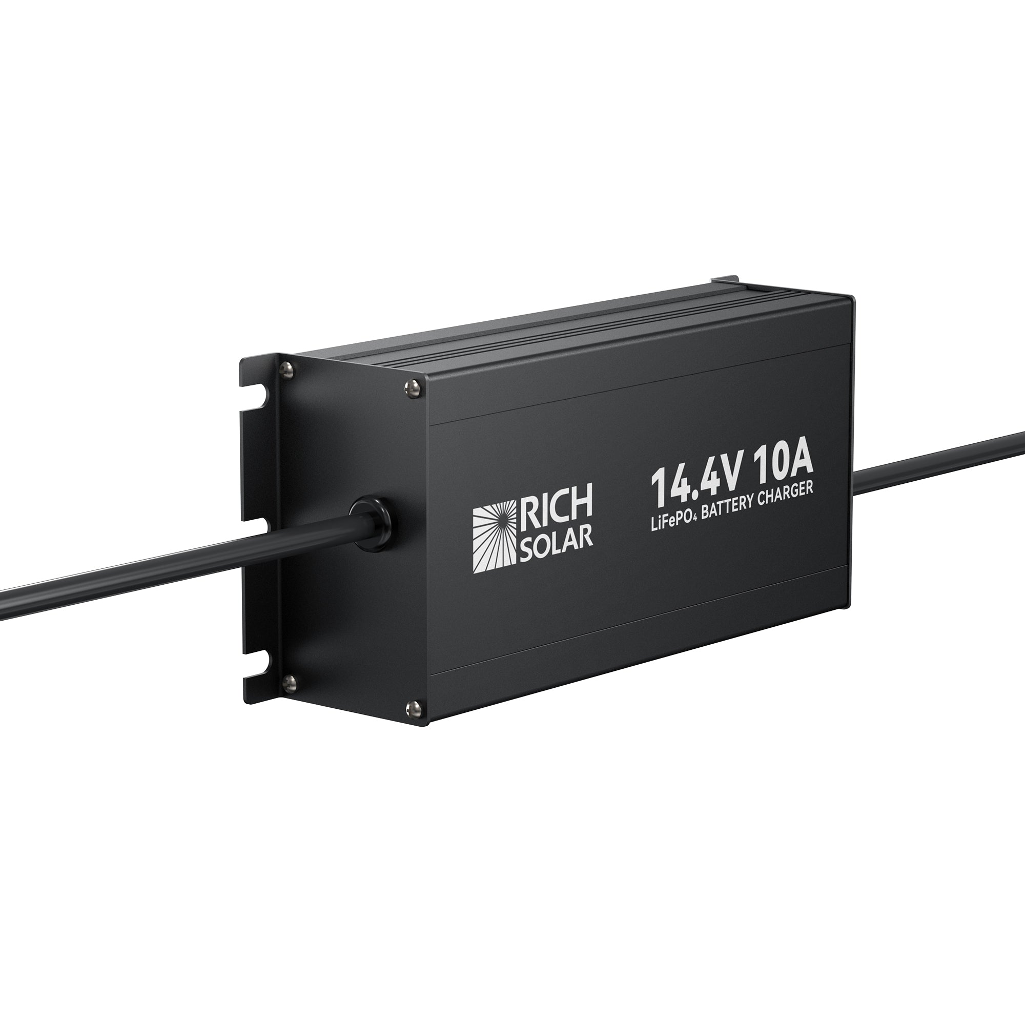 Rear view of Rich Solar RS-BC12V10 14.4V 10A LiFePO4 battery charger aluminum housing