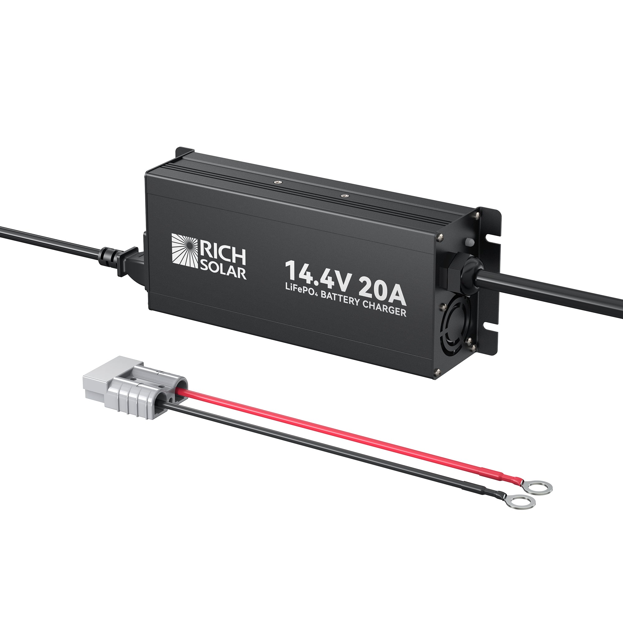 Rich Solar 12V 20A LiFePO4 battery charger with 50A Anderson connector and ring terminal leads
