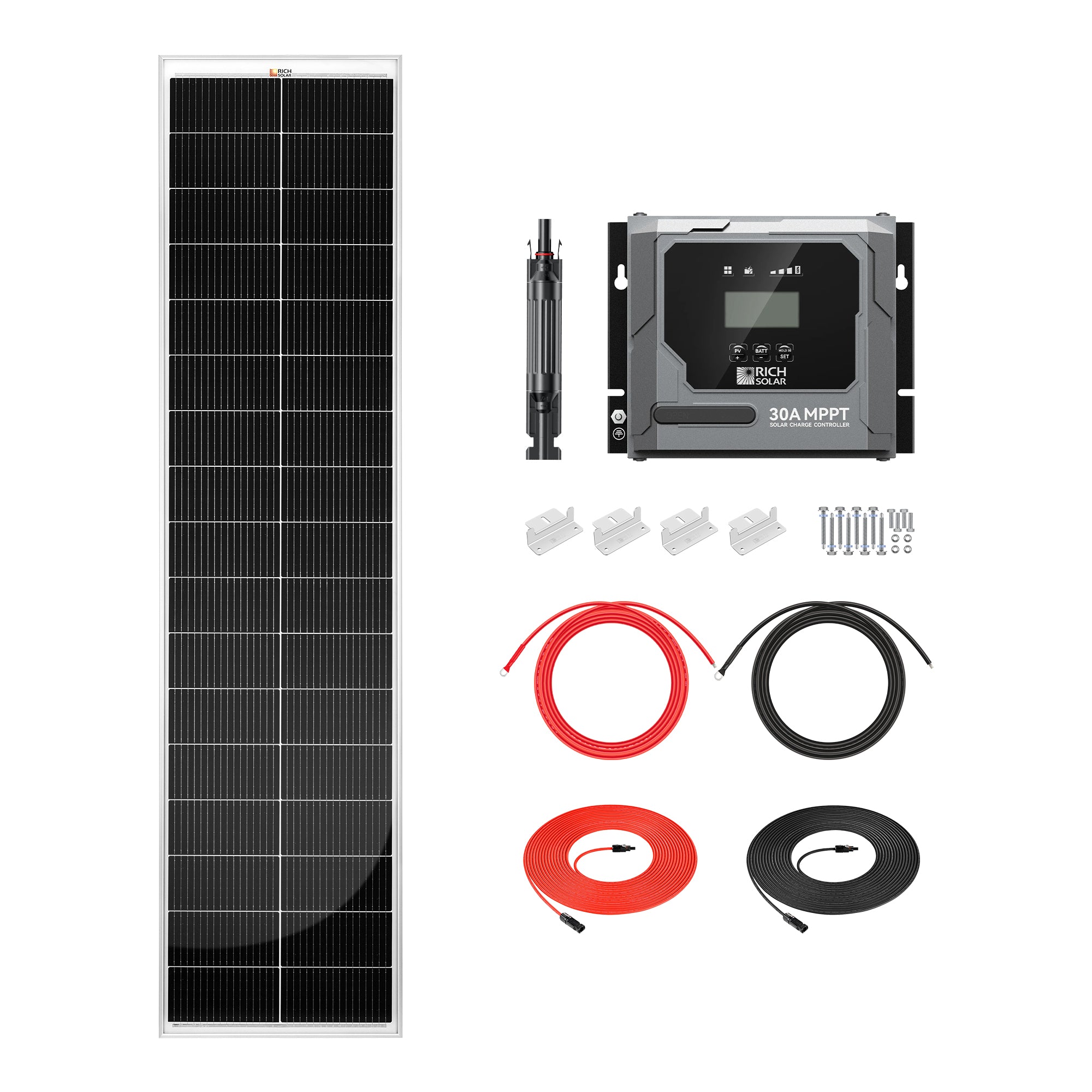 Rich Solar RS-K130SL 130W Slim Kit with MEGA 130W slim solar panel, BRAVO 30A MPPT controller, cables, brackets, and fuse holder