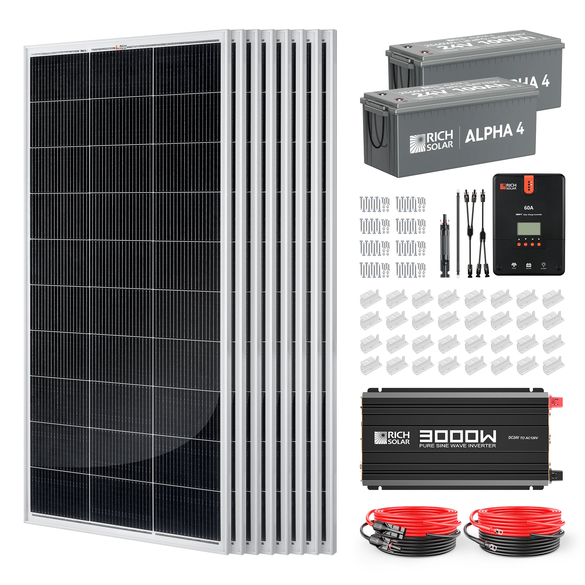 Rich Solar RS-CK1600 1600 Watt 24V Complete Solar Kit with panels batteries inverter controller cables brackets and accessories