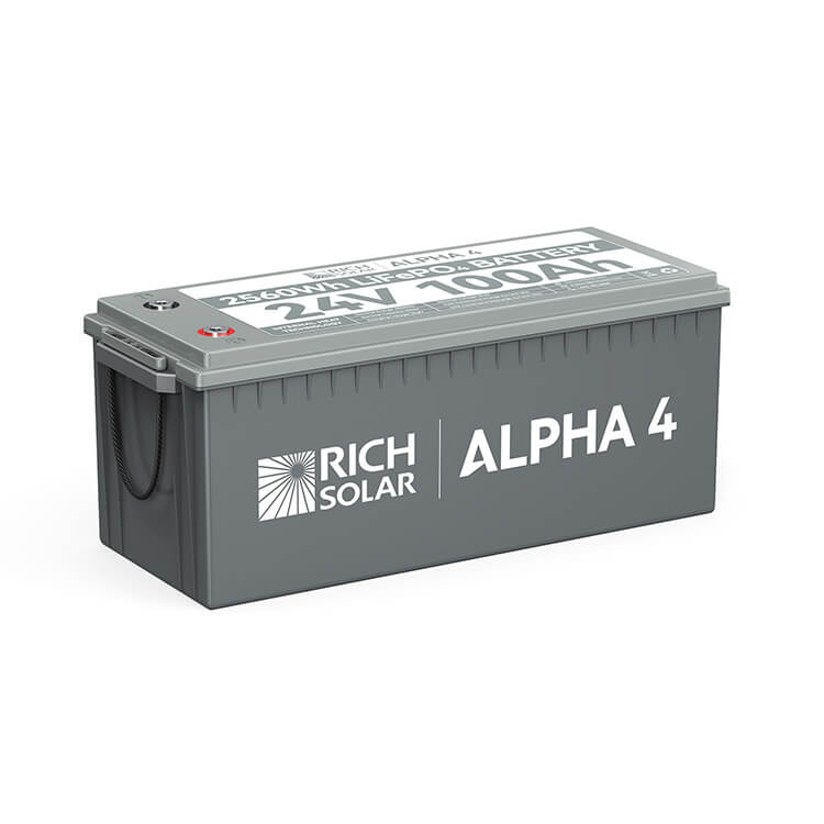 Rich Solar ALPHA 4 24V 100Ah LiFePO4 lithium battery included in the RS-CK1600 kit