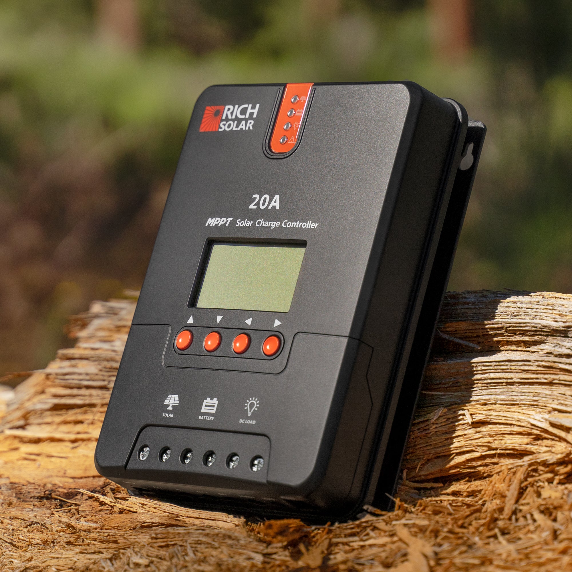 Angled outdoor view of Rich Solar 20 Amp MPPT solar charge controller with display and indicators