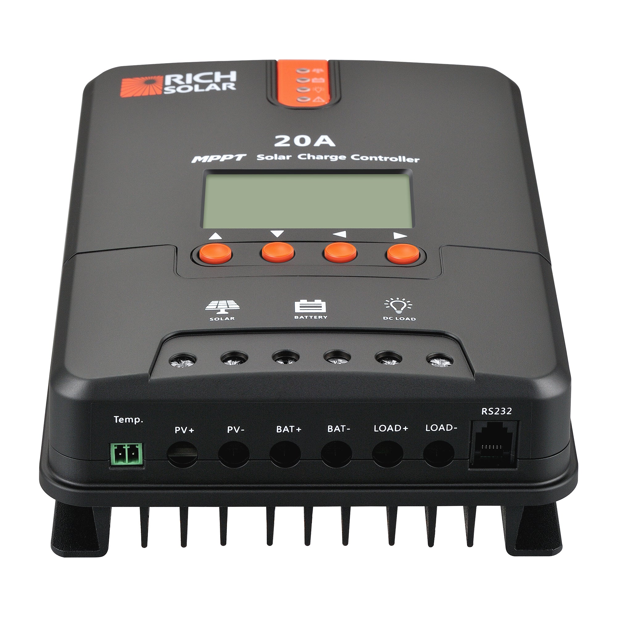 Terminal view of Rich Solar RS-MPPT20 showing PV battery load temperature sensor and RS232 connections