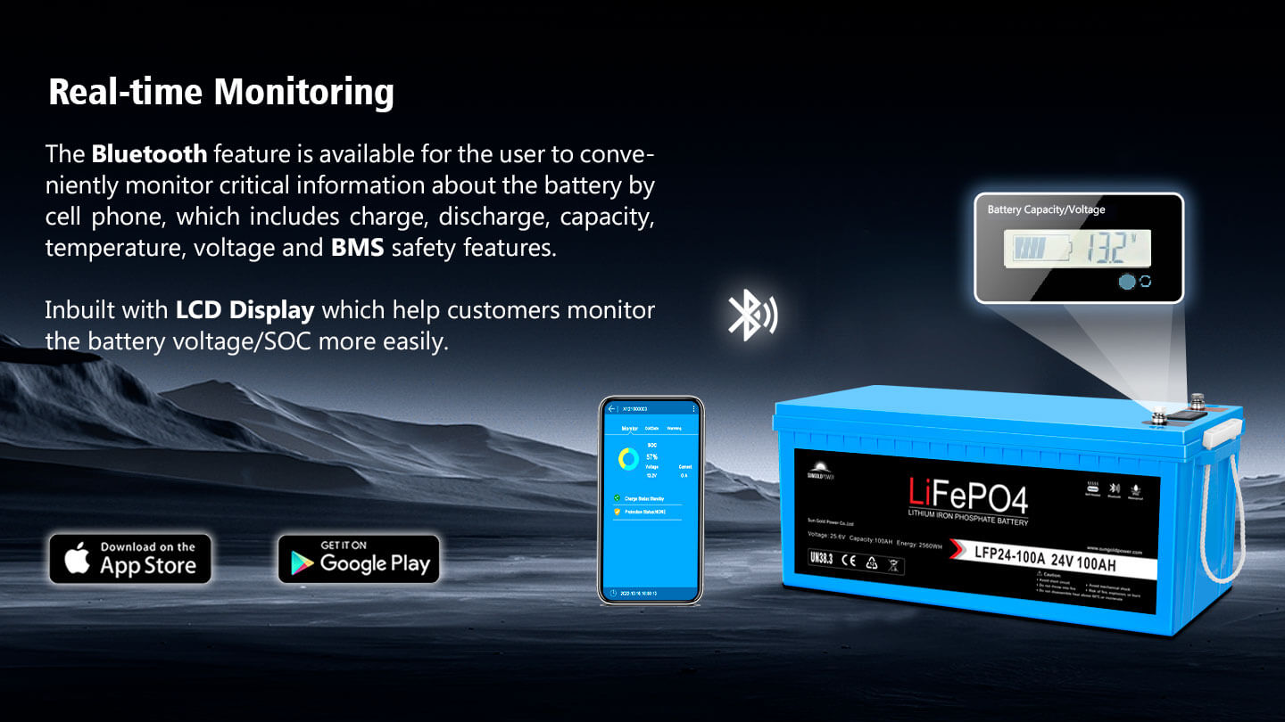 24V 100Ah LiFePO4 Deep Cycle Lithium Battery Bluetooth / Self- Heating / IP65