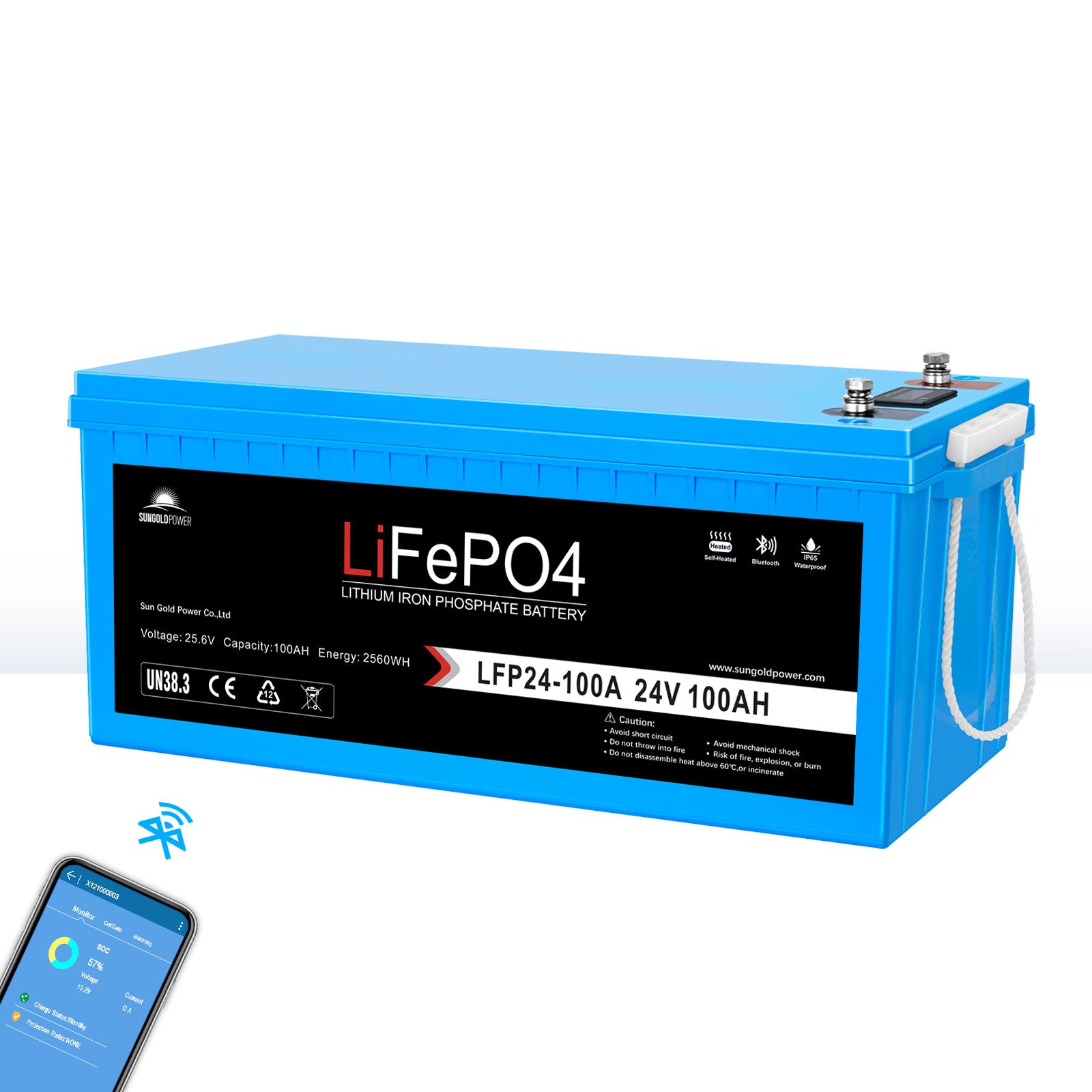 24V 100Ah LiFePO4 Deep Cycle Lithium Battery Bluetooth / Self- Heating / IP65