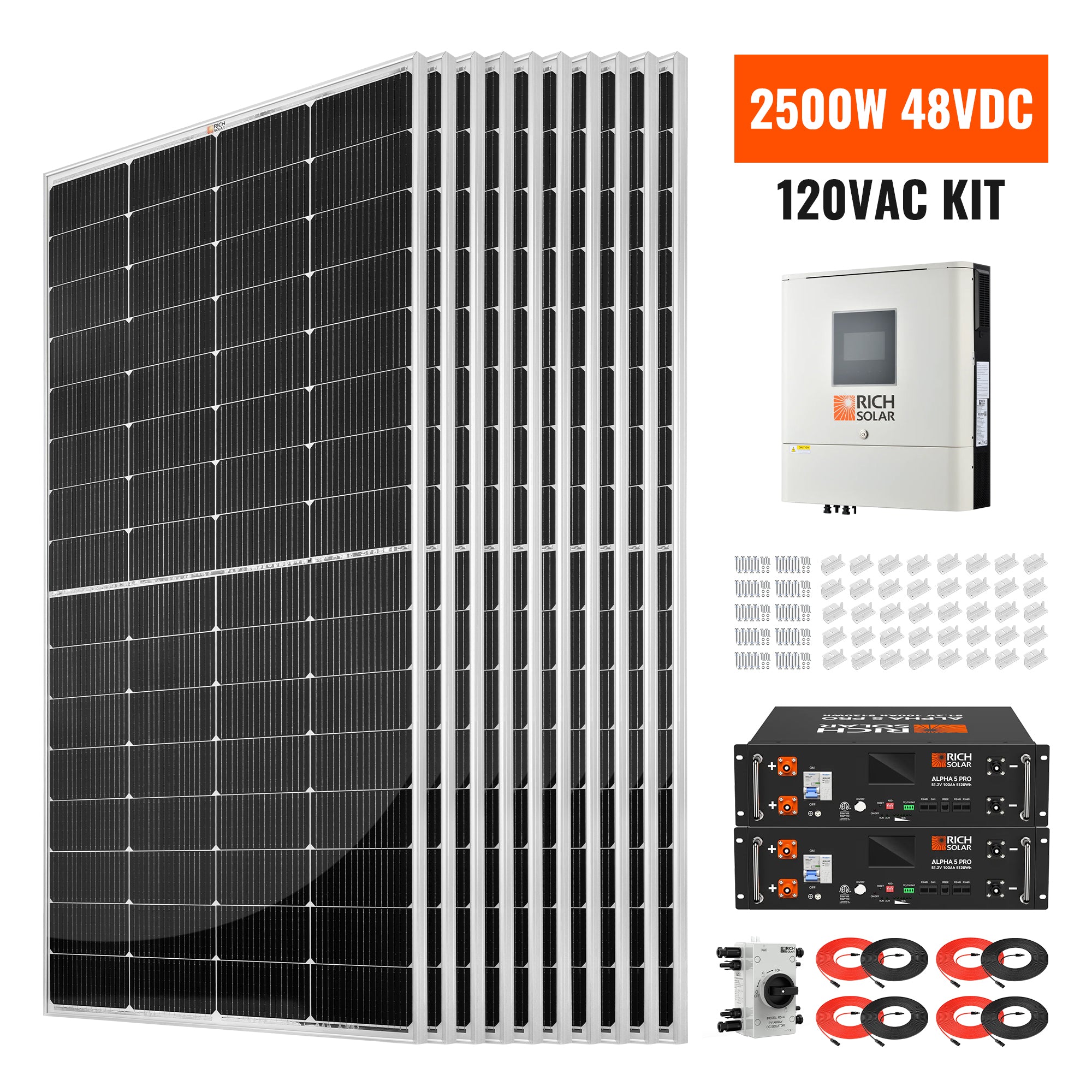 Rich Solar 2500W 48VDC 120VAC Solar Kit overview showing panels, inverter, batteries, cables, brackets, and disconnect