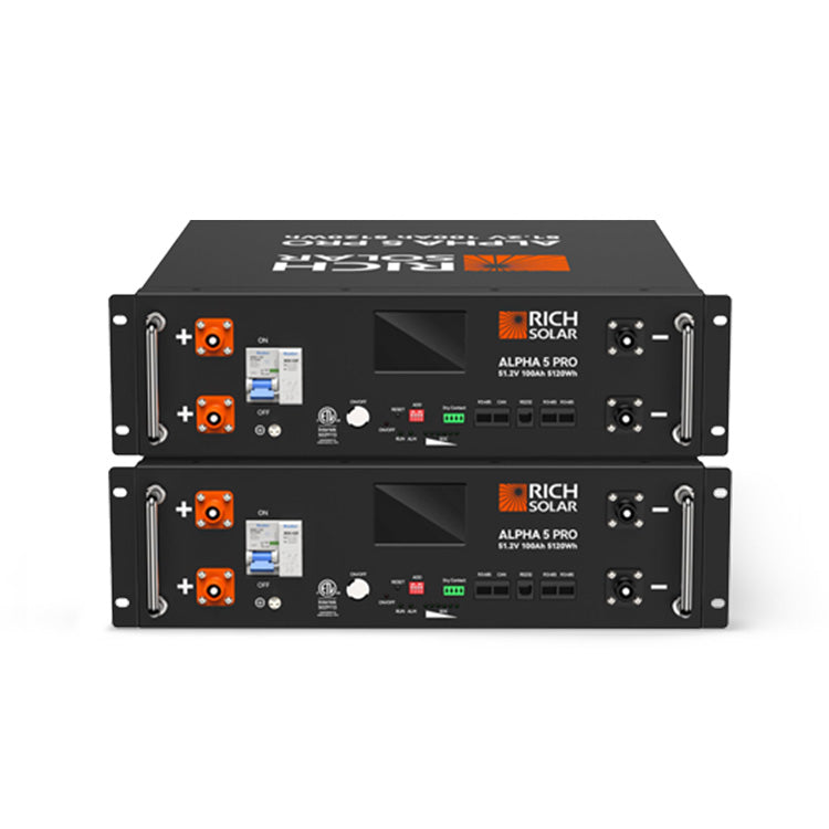 Two Rich Solar ALPHA 5 PRO 51.2V 100Ah LiFePO4 server rack lithium batteries included in the 2500W kit