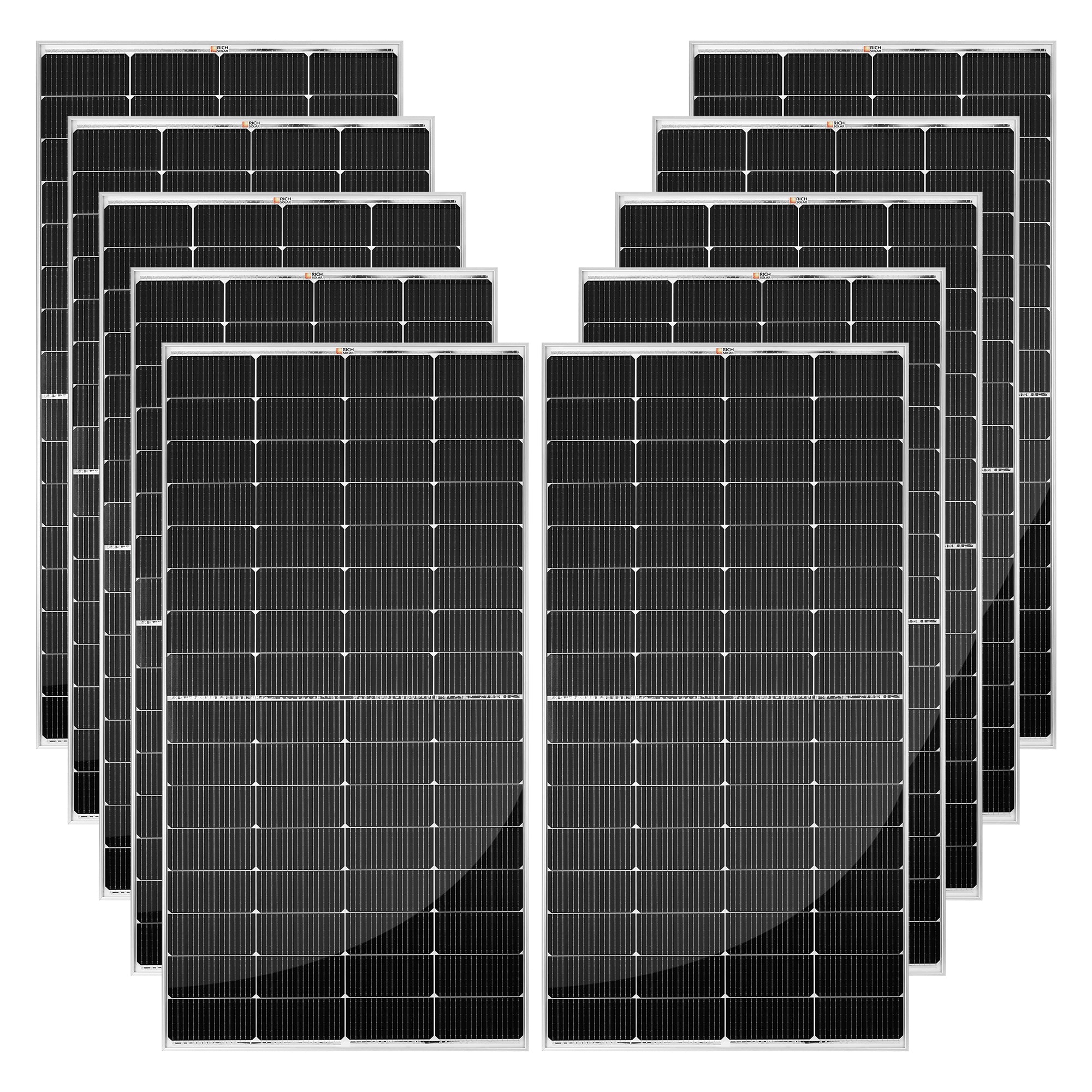 Ten Rich Solar MEGA 250W monocrystalline solar panels included in the RS-CBK2500240 2500W solar kit