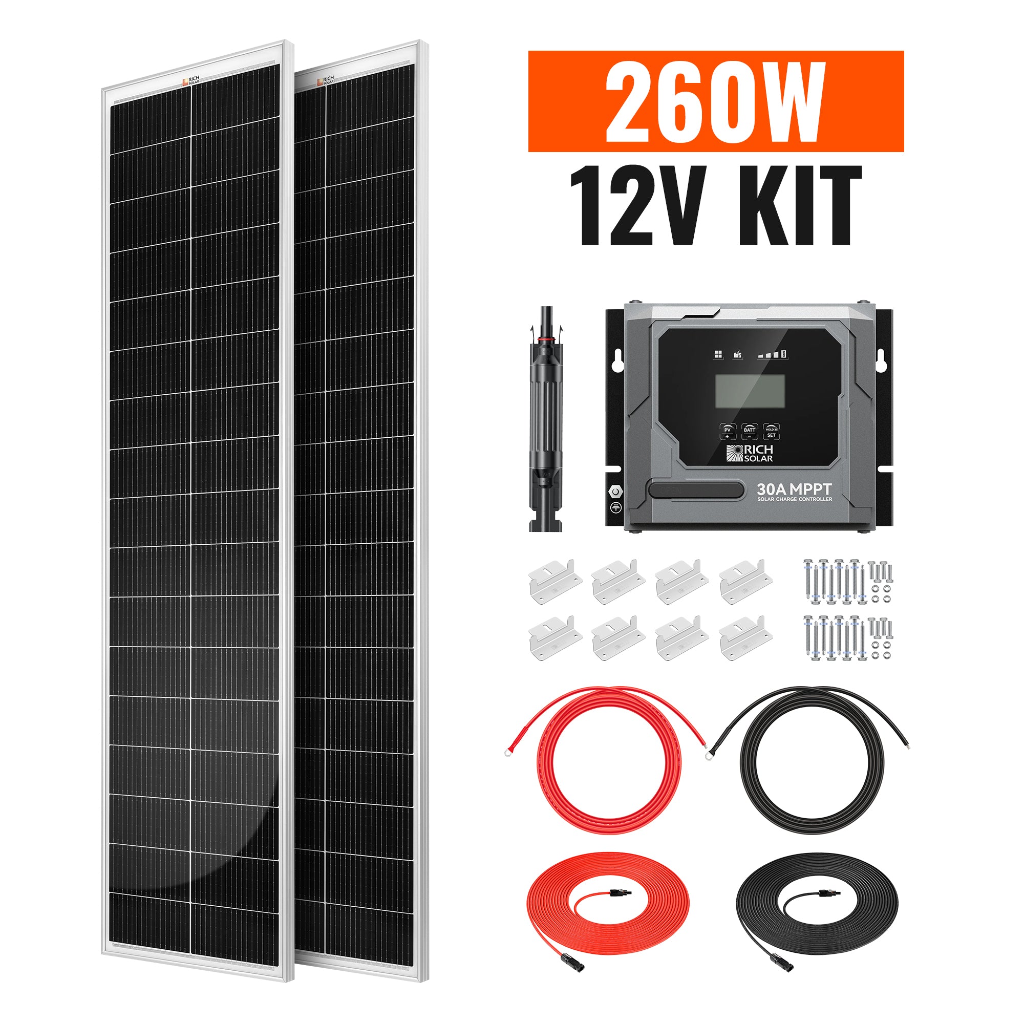 Rich Solar 260W Slim Kit included panels controller cables brackets and fuse holder