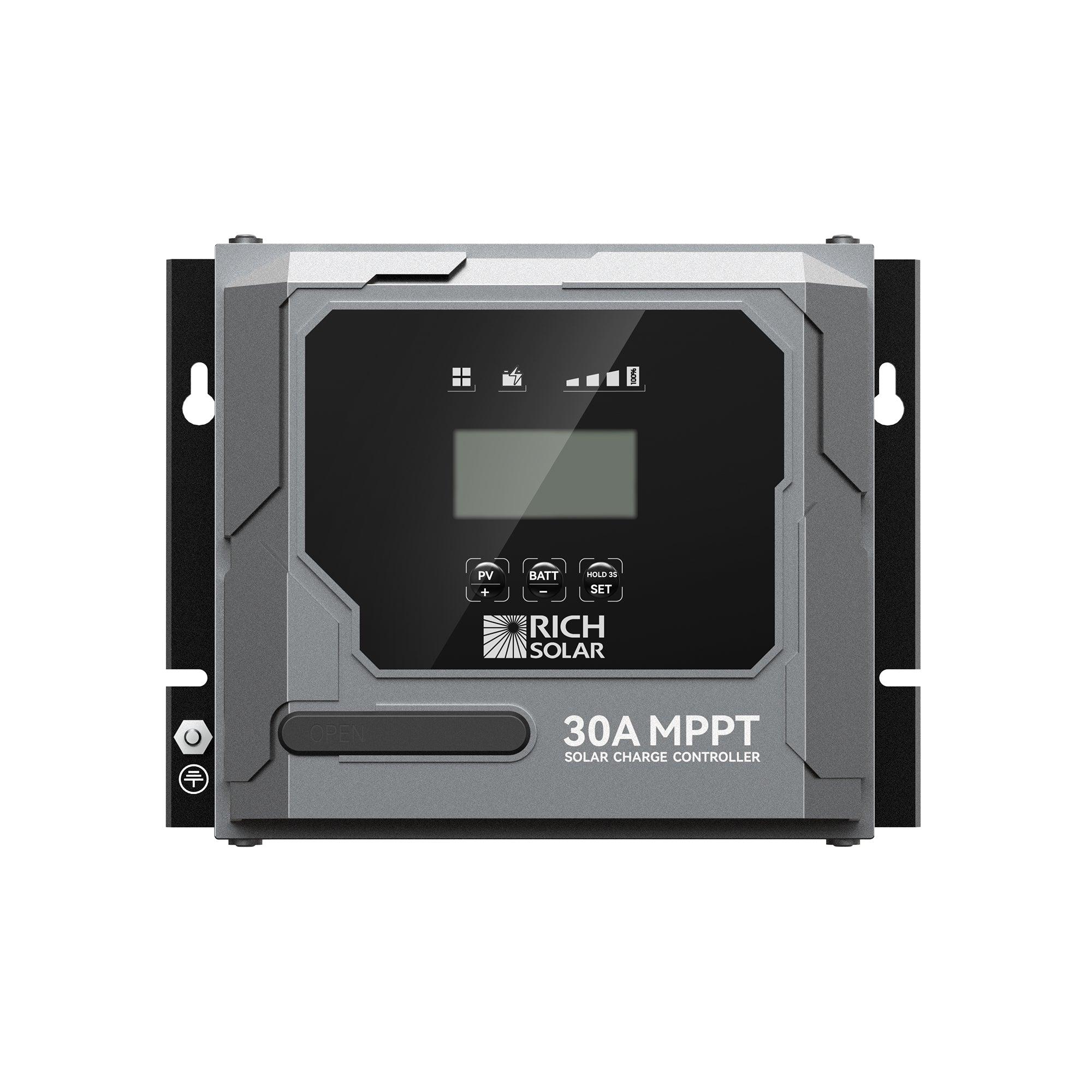 Top view of Rich Solar RS-MPPT30 30A MPPT charge controller showing LCD display and control buttons