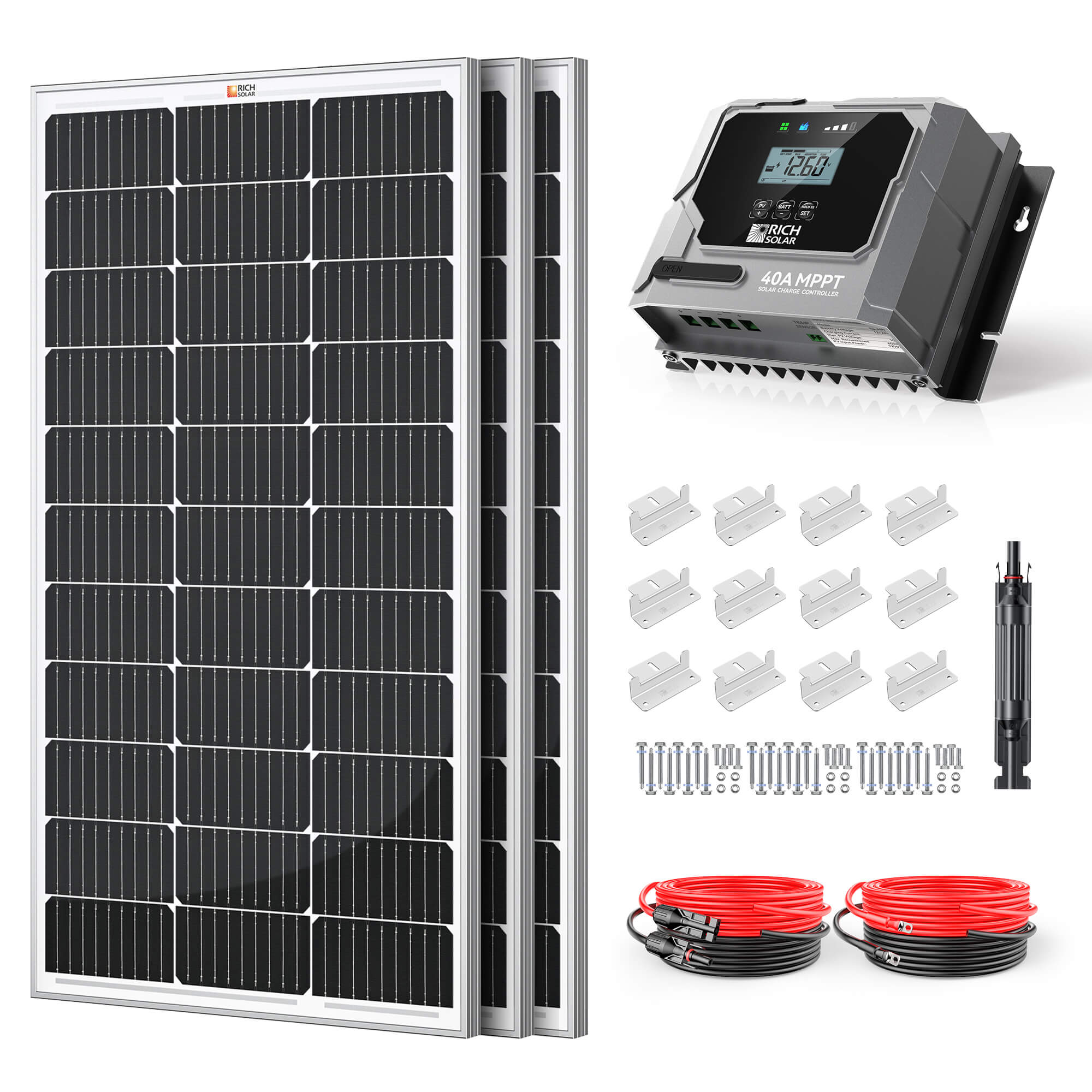 Rich Solar RS-K3004 300 Watt Solar Kit with three 100W solar panels, 40A MPPT controller, cables, fuse holder, and mounting brackets