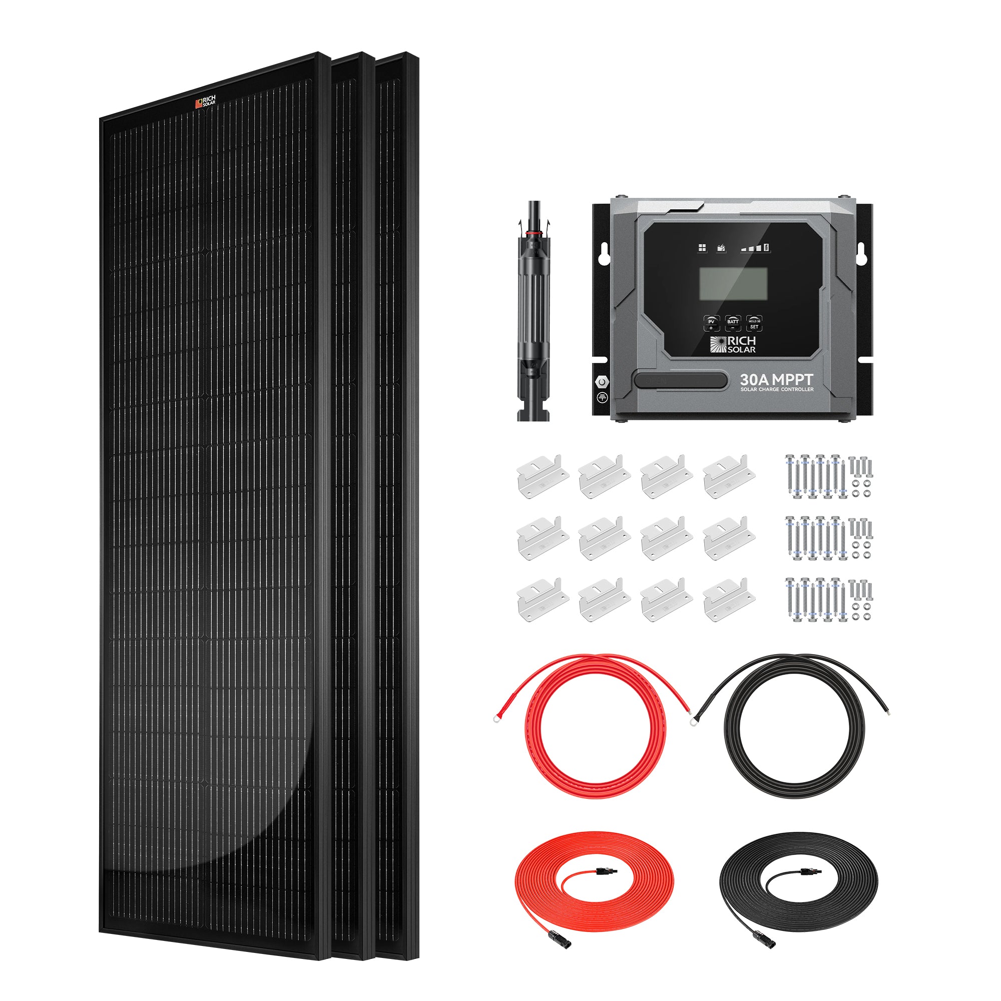 Rich Solar RS-K300SL 300W Slim Kit with three MEGA 100W Slim Onyx solar panels, BRAVO 30A MPPT controller, cables, brackets, and fuse holder
