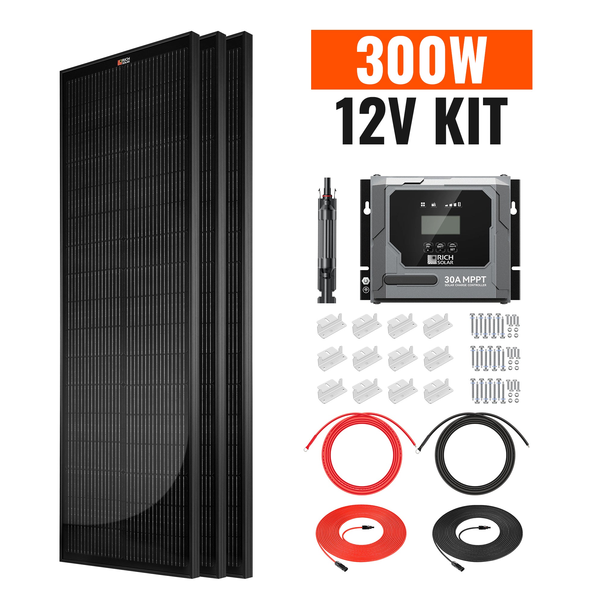Rich Solar 300W Slim Kit included panels controller cables brackets and fuse holder