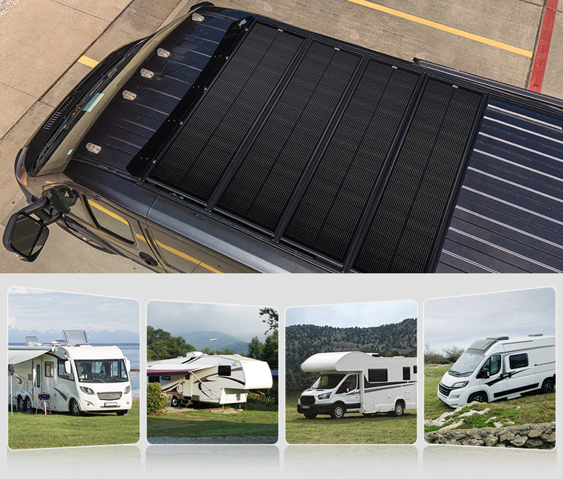 Rich Solar MEGA 100W Slim Onyx solar panels installed on an RV roof for narrow space solar charging