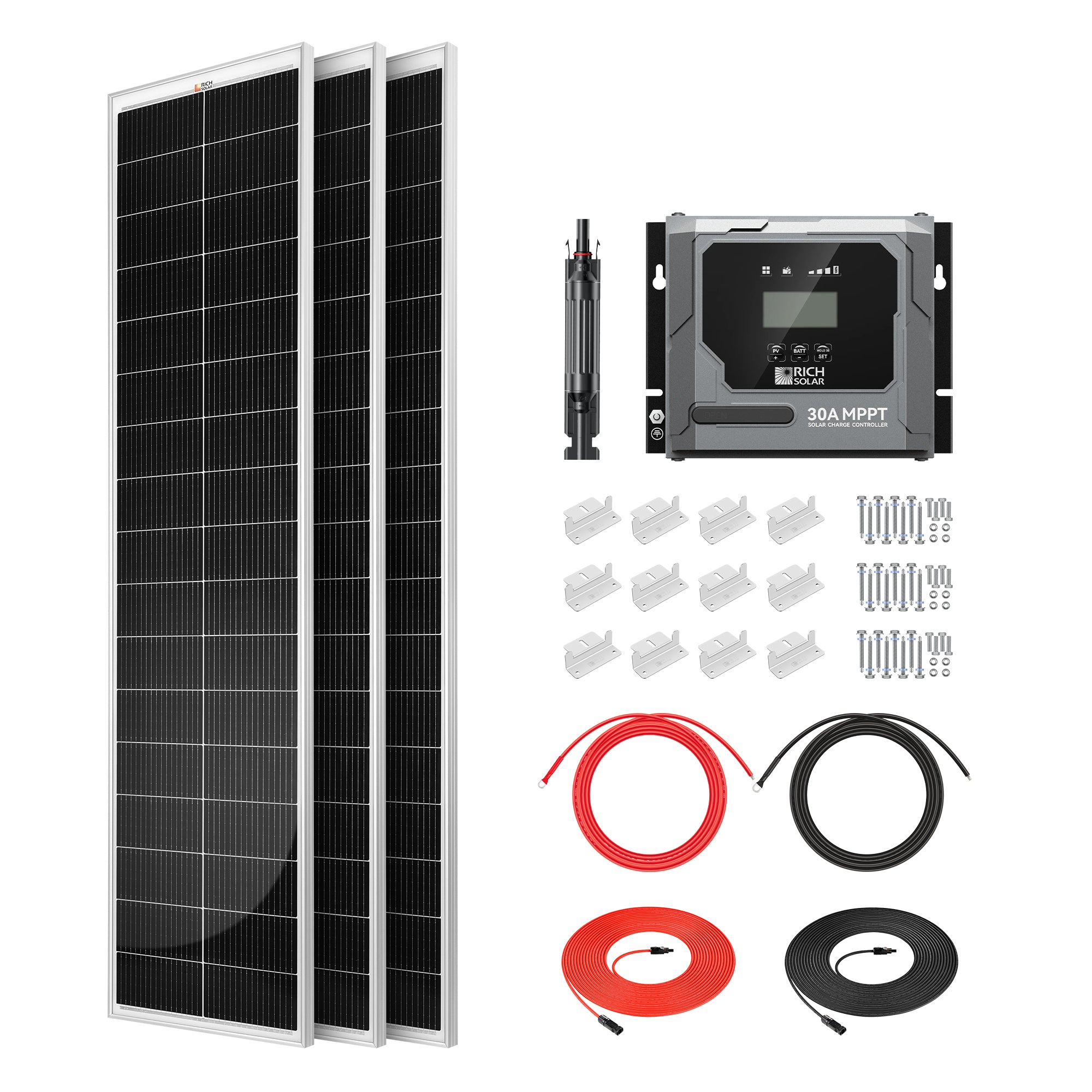 Rich Solar RS-K390SL 390W Slim Kit with three MEGA 130W slim solar panels, BRAVO 30A MPPT controller, cables, brackets, and fuse holder