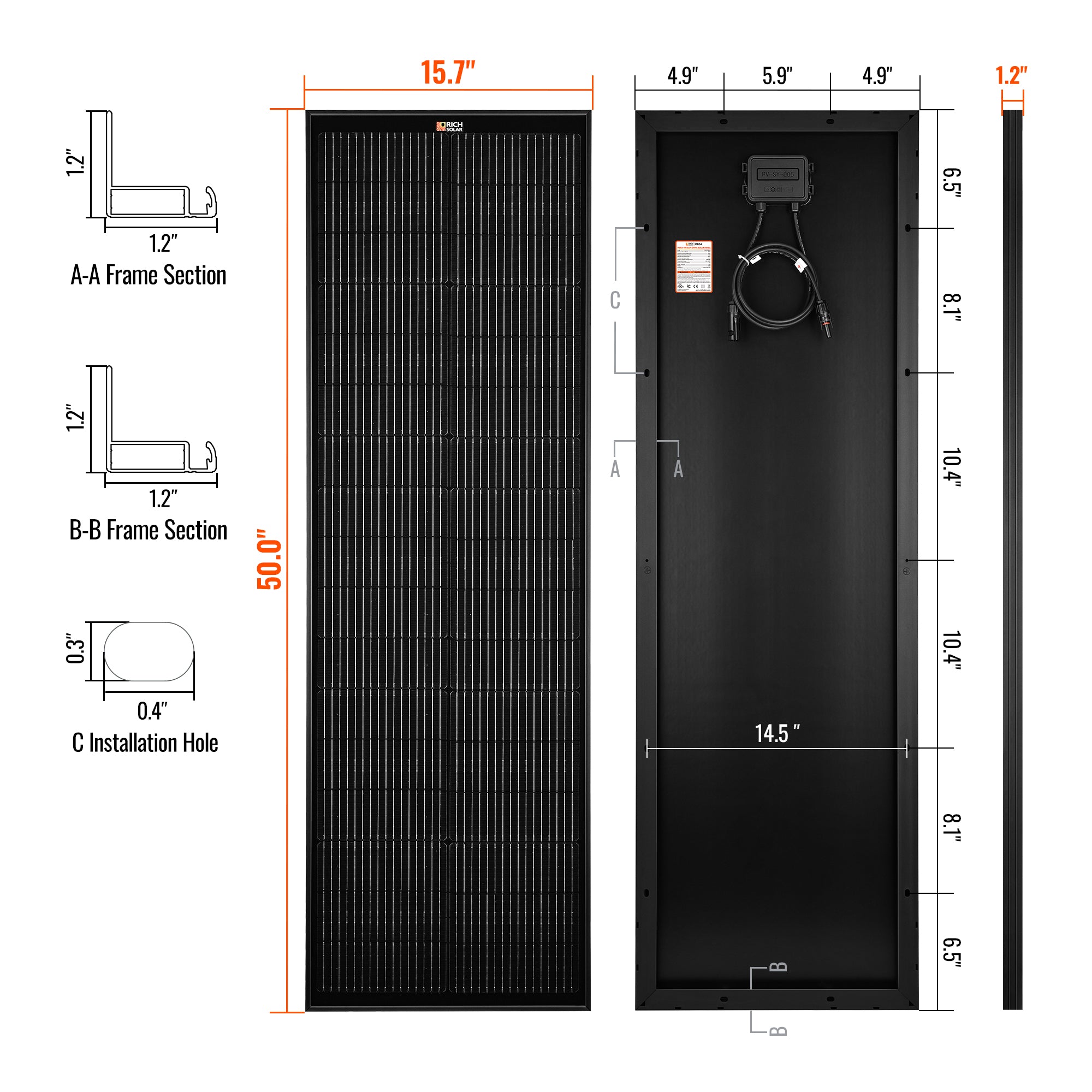 Rich Solar MEGA 100W Slim Onyx solar panel dimensions and compact narrow profile