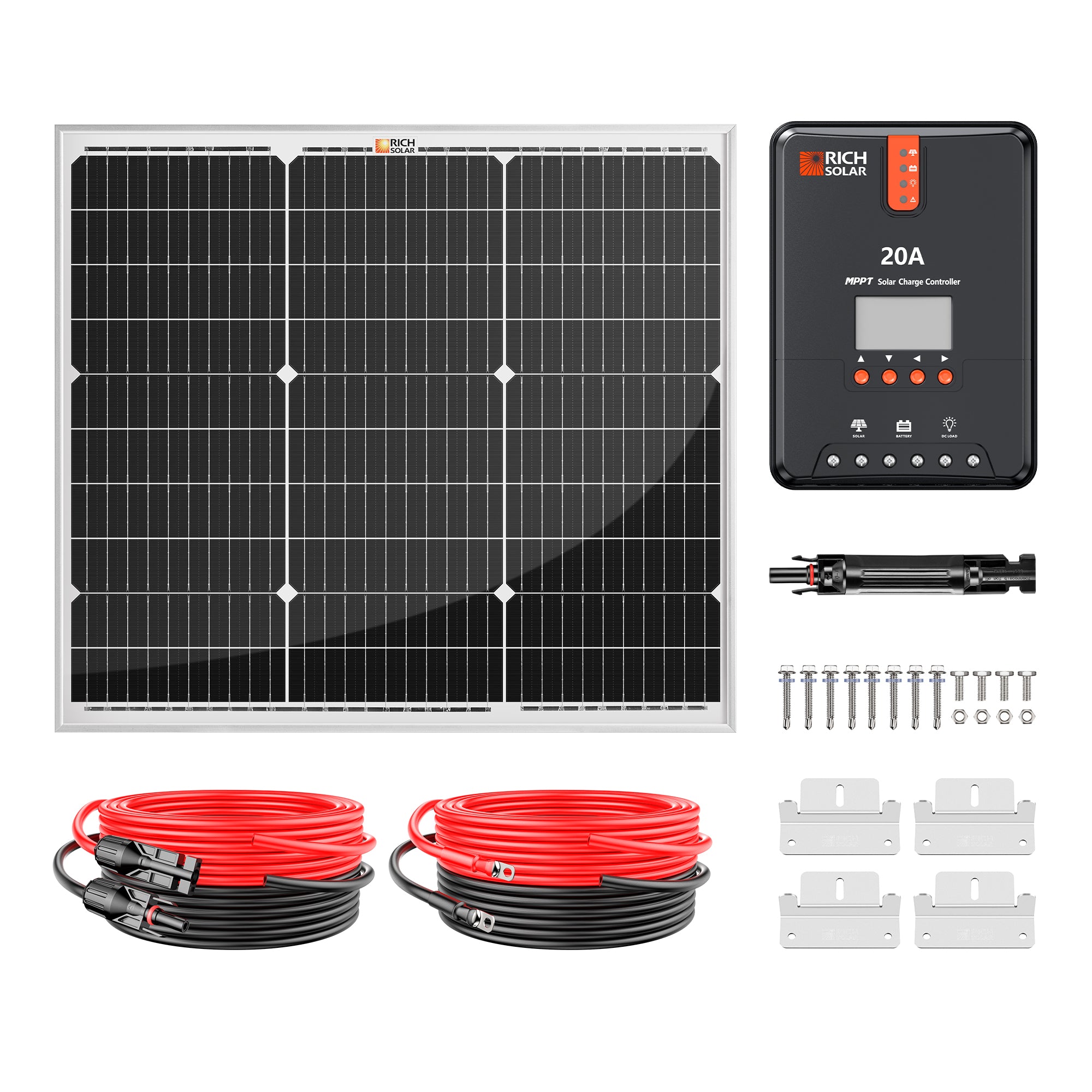 Rich Solar RS-K502 50 Watt Solar Kit with 50W solar panel, 20A MPPT controller, cables, brackets, and fuse holder
