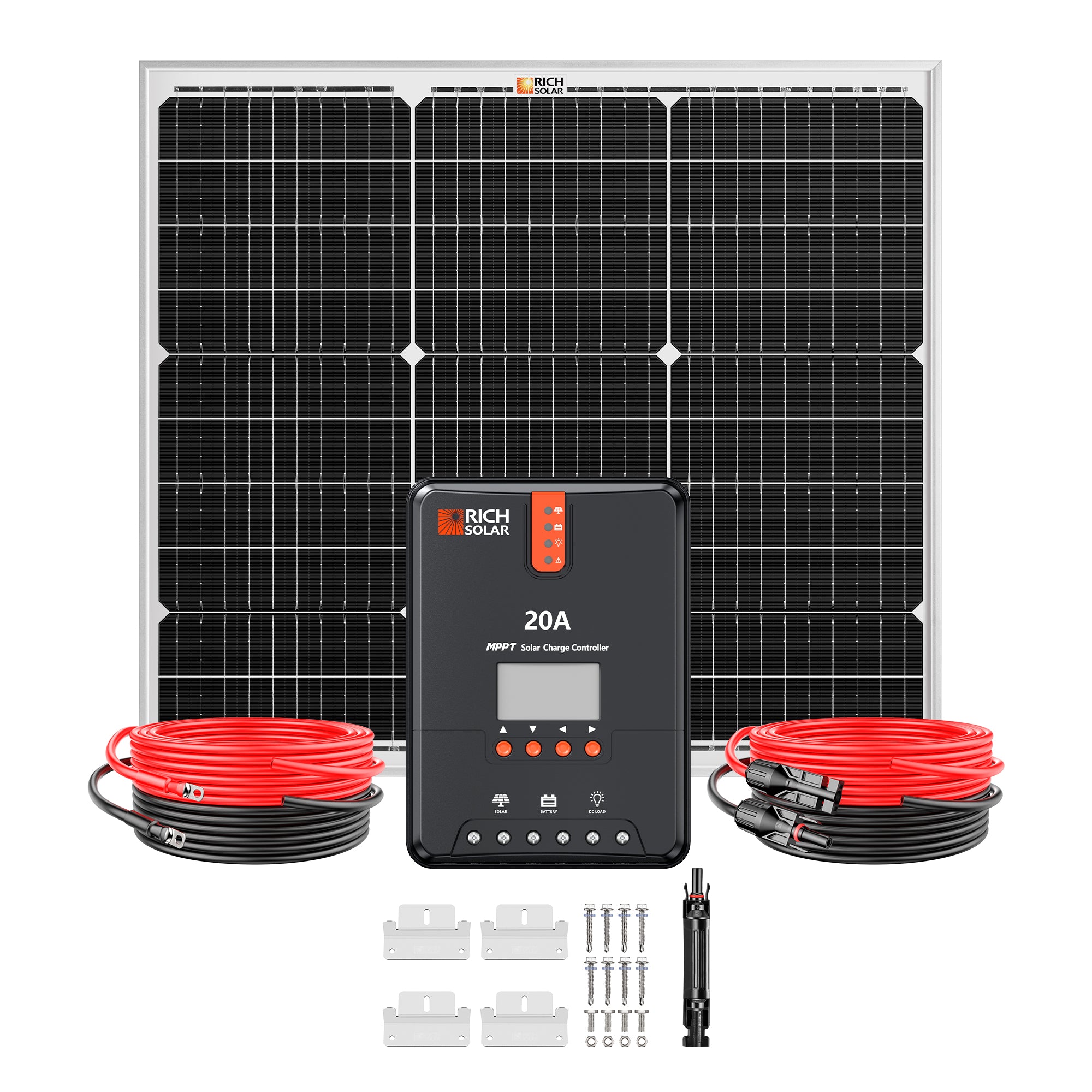 Rich Solar RS-K502 50 Watt Solar Kit included panel controller cables brackets fuse holder and mounting hardware