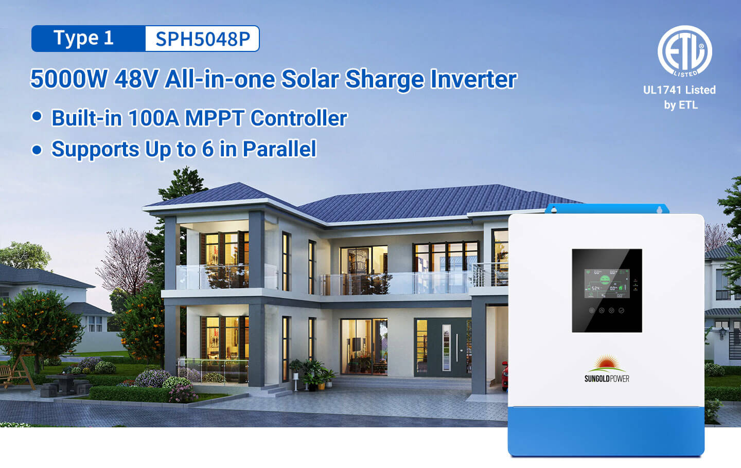 SunGoldPower SPH5048P 5000W 48V solar charger inverter for home backup solar power