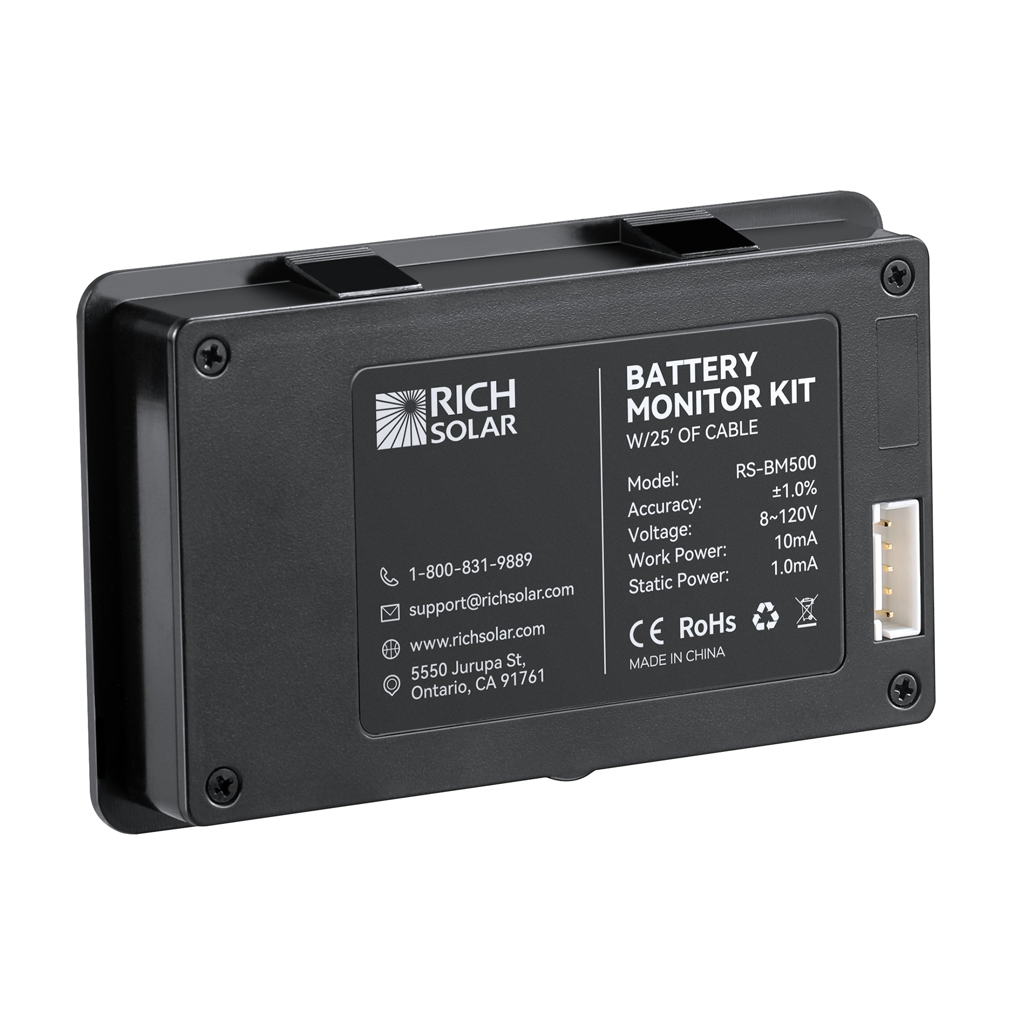 Back of Rich Solar battery monitor showing product label and connection points