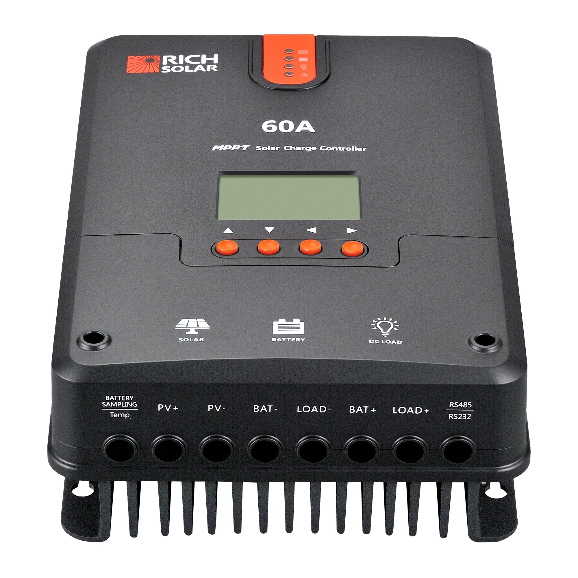Rich Solar 60A MPPT solar charge controller front display with LCD screen and LED indicators