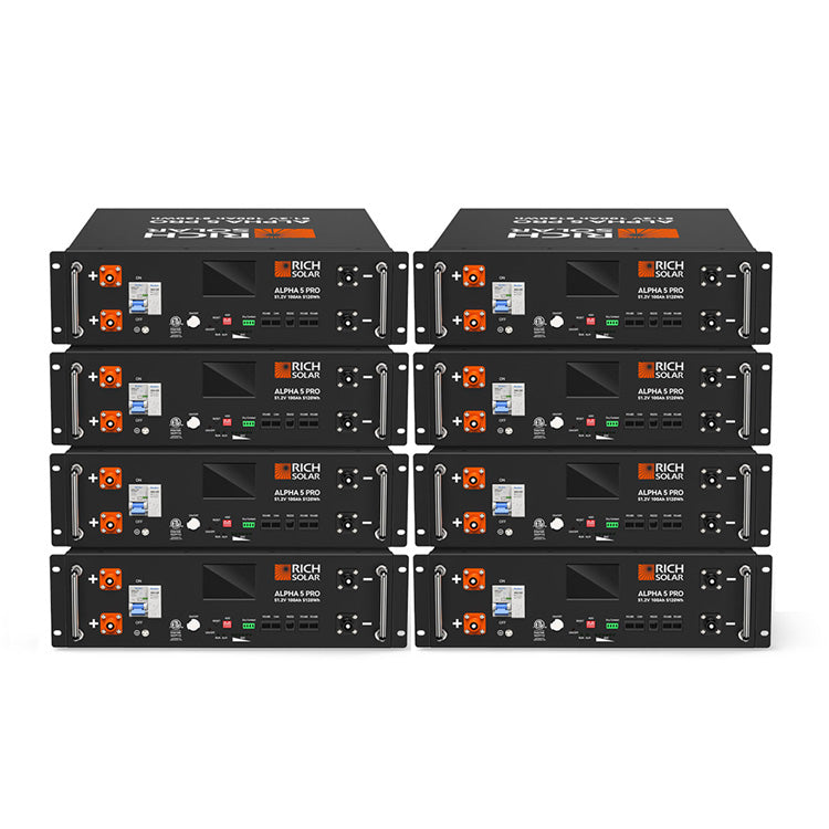 8 Rich Solar ALPHA 5 PRO server-rack LiFePO4 batteries included with RS-CBK8000 kit