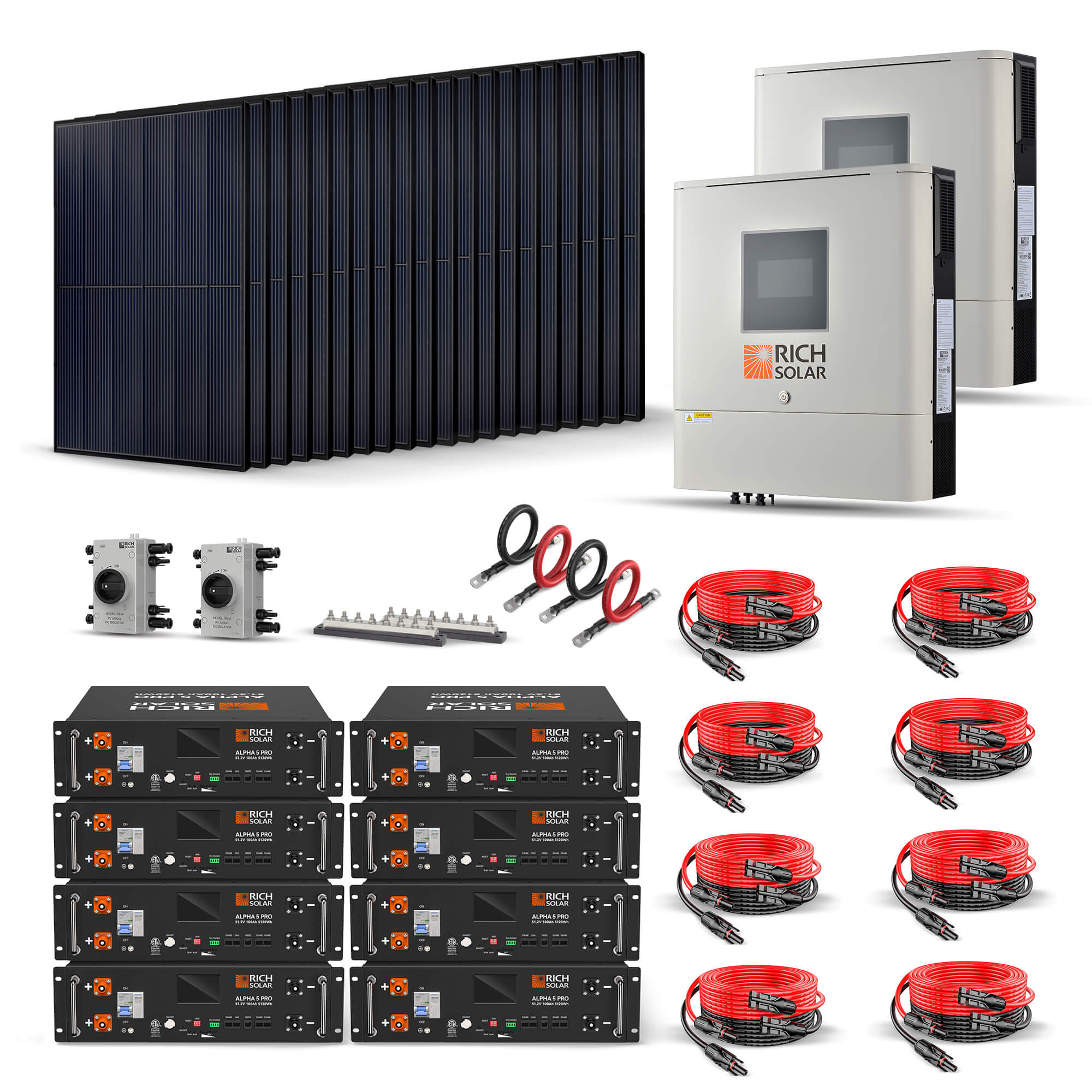 Rich Solar 8000W 48V 120/240VAC solar kit with solar panels, batteries, inverters, busbars, cables, and disconnects