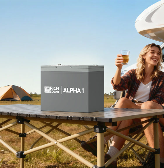 Rich Solar ALPHA 1 12V 100Ah LiFePO4 battery for camping, RV, and mobile off-grid power