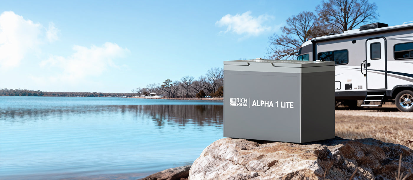 Rich Solar ALPHA 1 LITE 12V 100Ah LiFePO4 battery for RV, trailer, van, boat, cabin, camping, and off-grid solar power