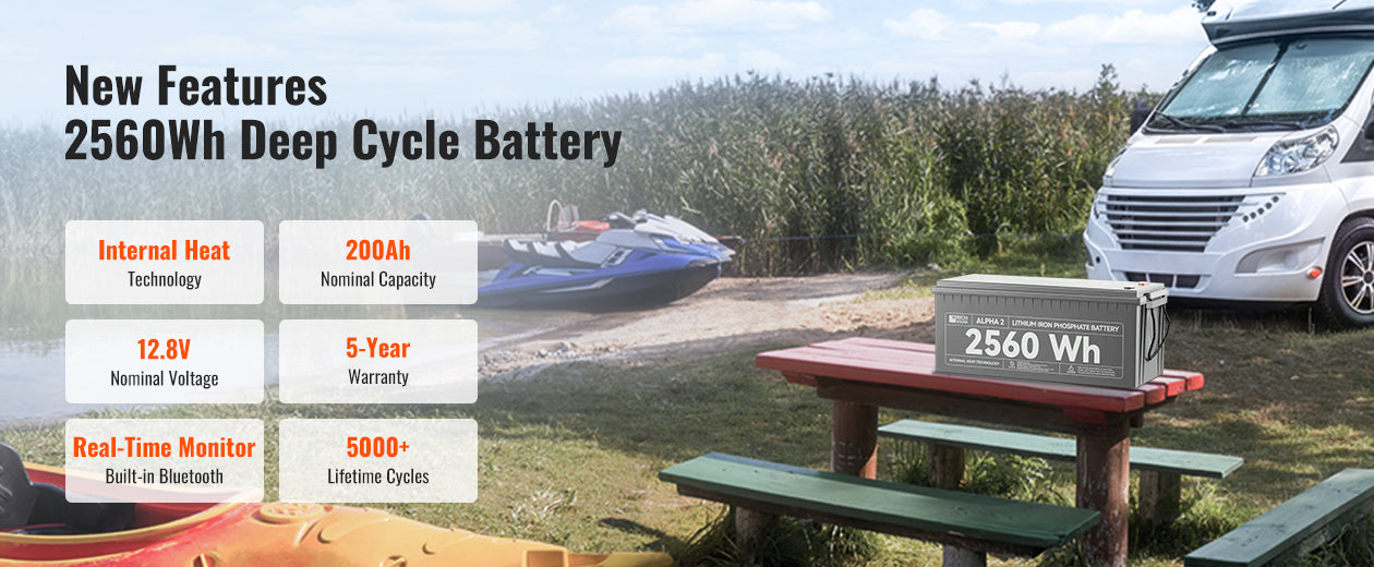 Rich Solar ALPHA 2 2560Wh deep cycle battery with internal heat, Bluetooth monitoring, 200Ah capacity, and 5-year warranty