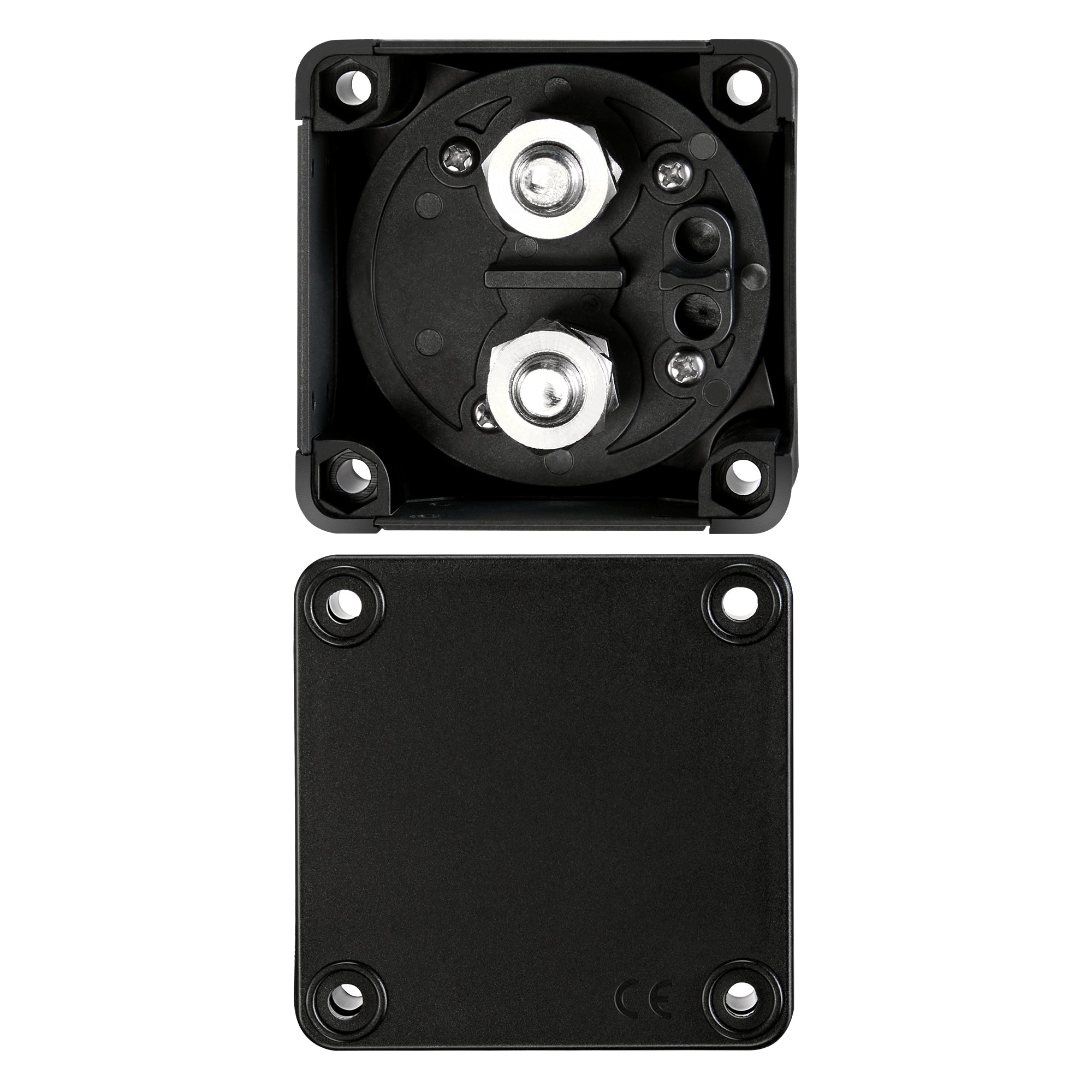 Inside view of Rich Solar RS-BS275 battery switch with terminal studs and removable back cover