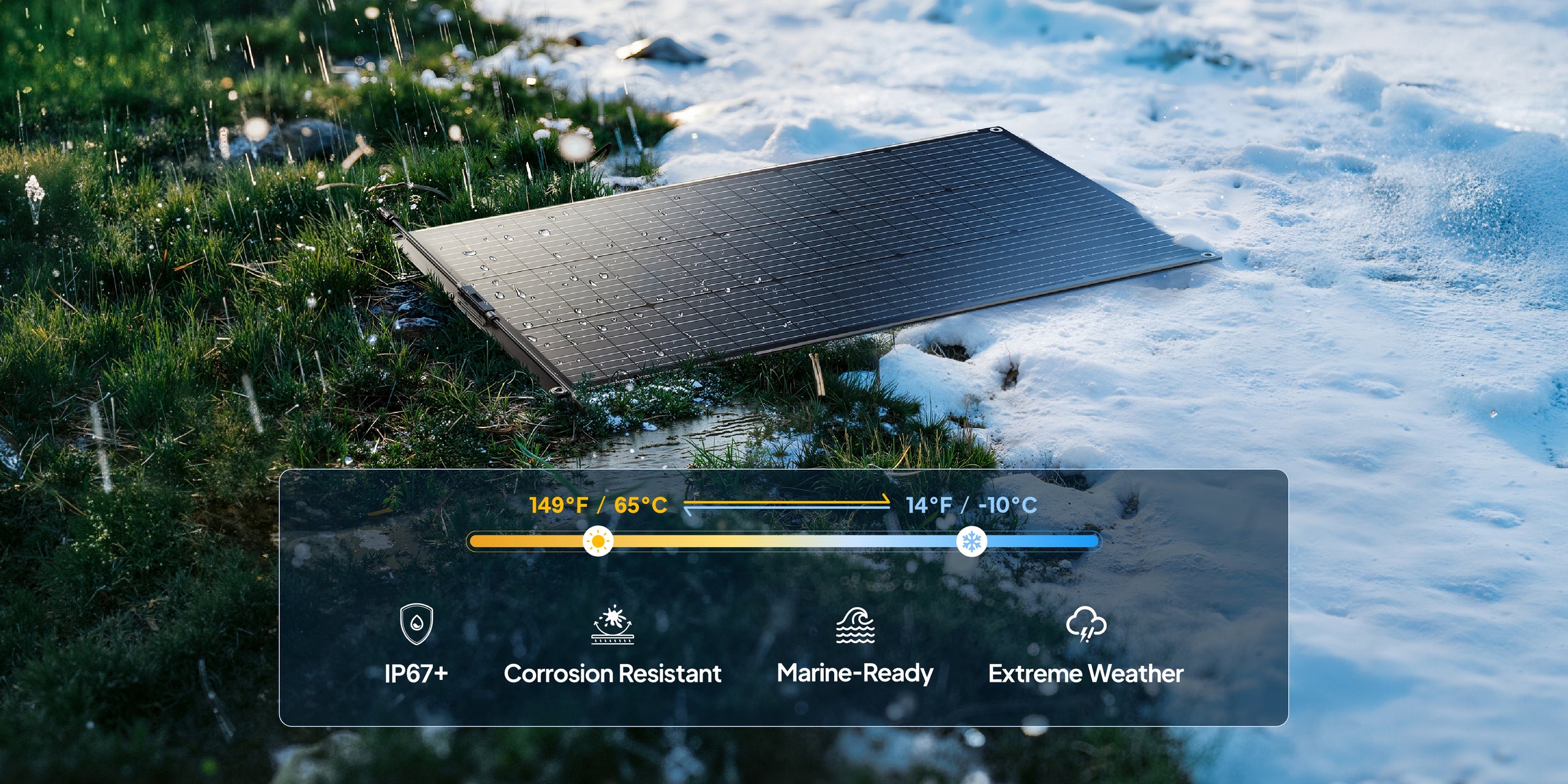 BLUETTI PV100 FX solar panel in rain and snow conditions