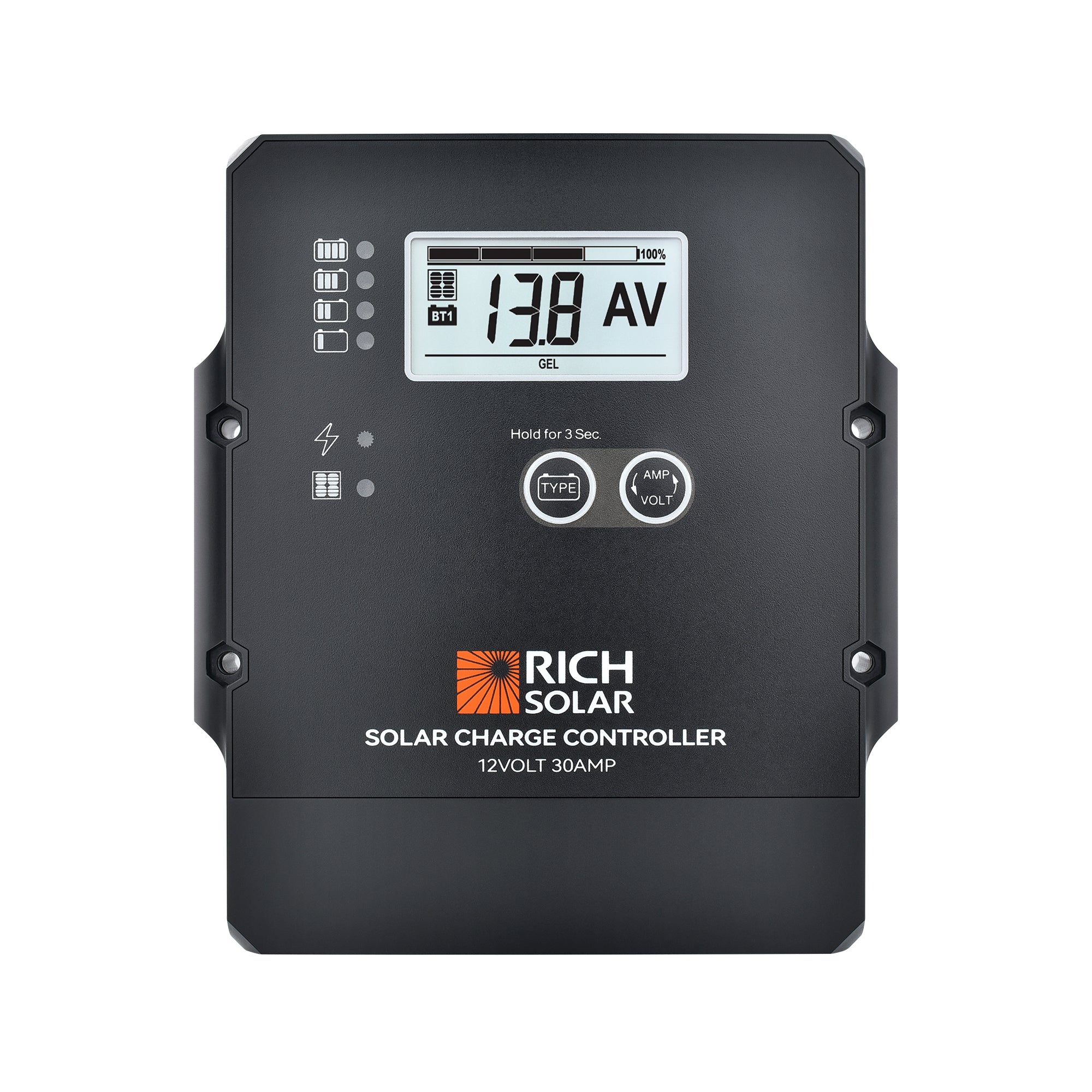 Rich Solar RS-PWM30F BRAVO 30 12V 30A PWM solar charge controller front display