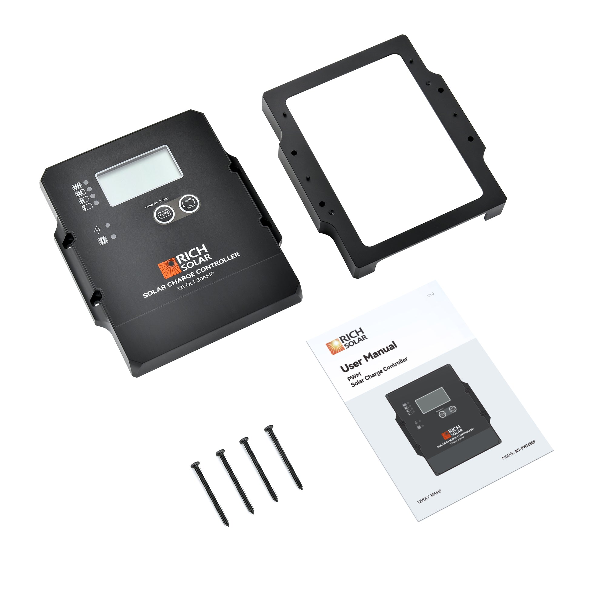Rich Solar RS-PWM30F PWM solar charge controller with mounting frame manual screws and accessories