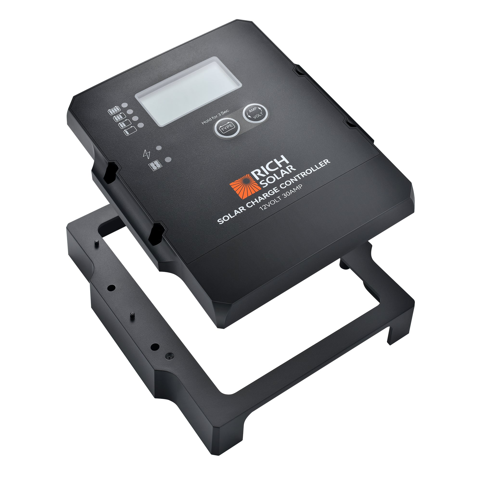 Rich Solar RS-PWM30F 30A PWM charge controller angled view with mounting bracket