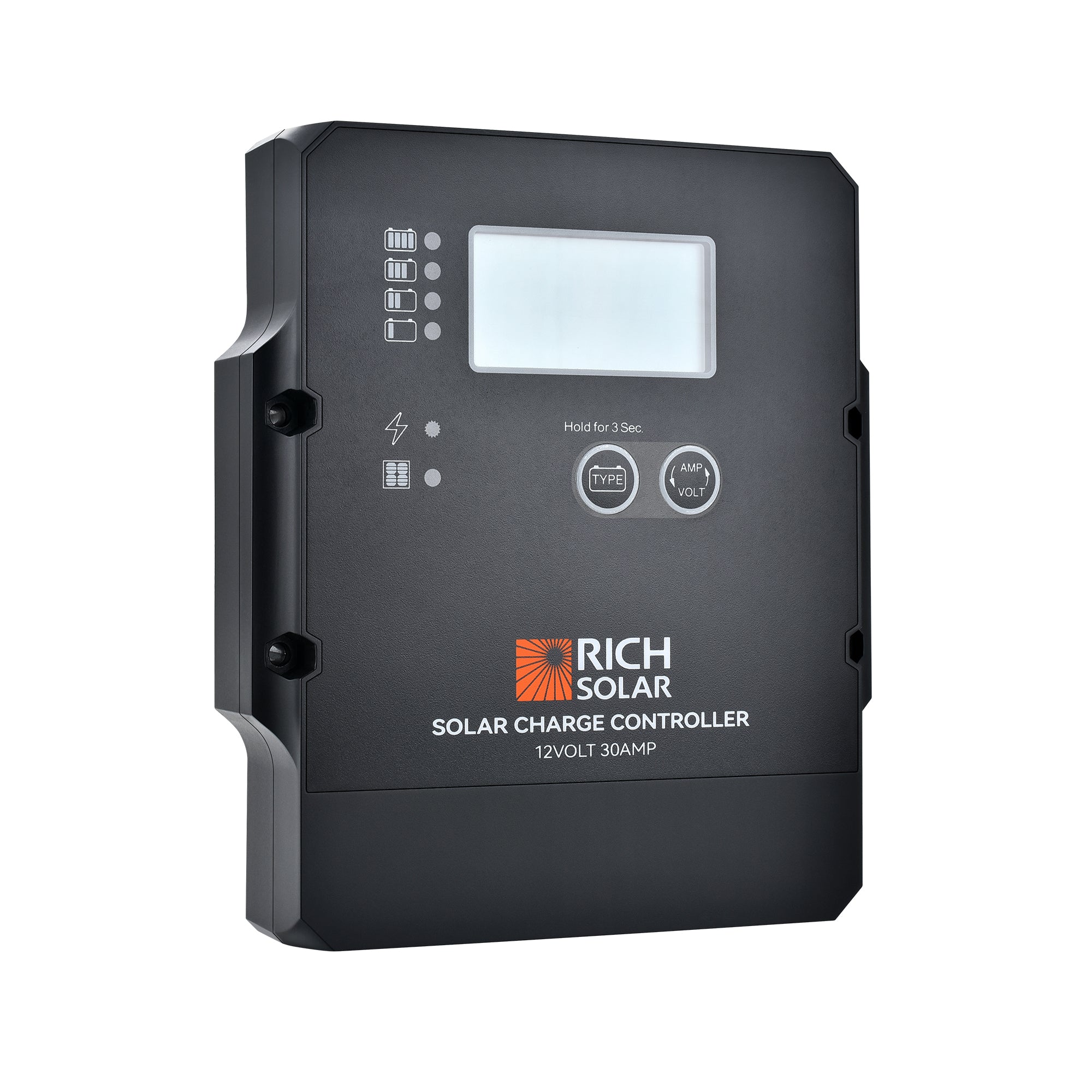 Rich Solar BRAVO 30 PWM charge controller standing front view with digital display and LED indicators