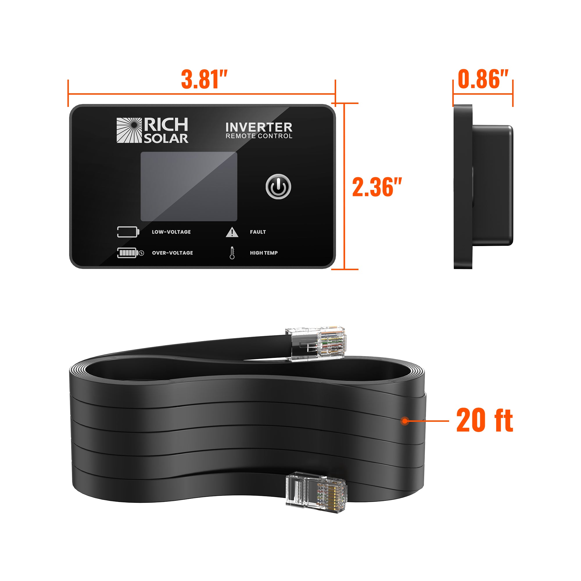 Rich Solar RS-RM01 smart LCD display showing voltage power battery load status