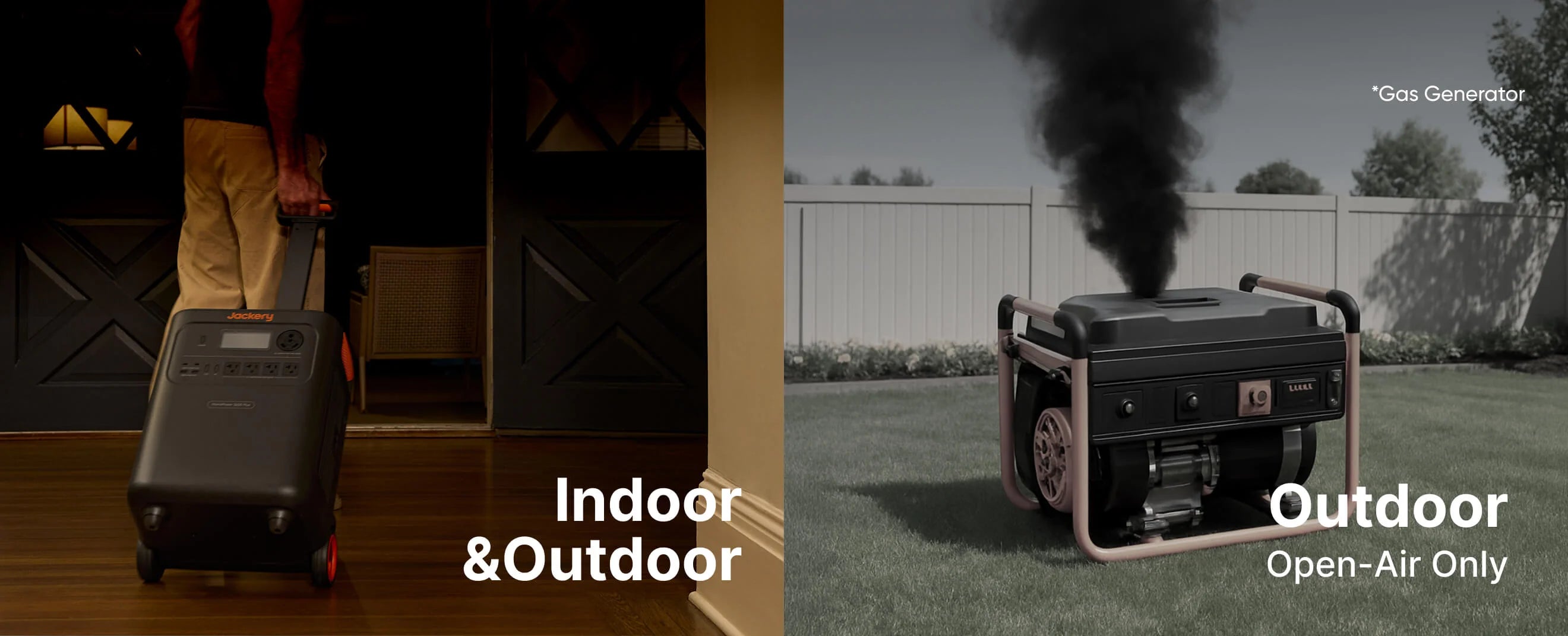 Jackery HomePower 3600 Plus indoor and outdoor use compared to gas generator outdoor only