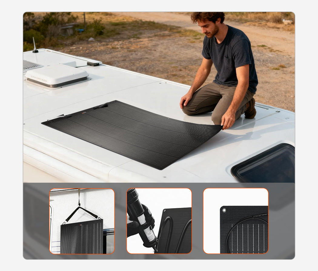 Rich Solar MEGA 200 PRO FLEX flexible mounting options adhesive pre-drilled