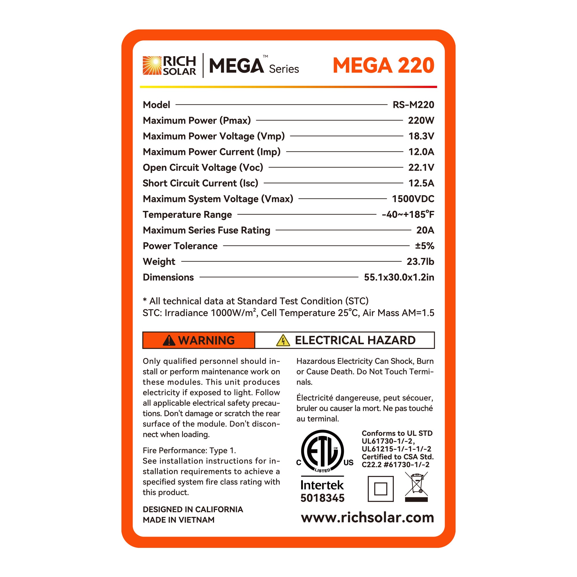 Rich Solar MEGA 220 panel back and mounting hole detail
