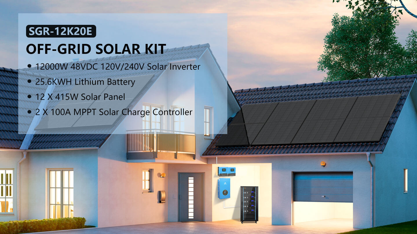Off-Grid Solar Kit 12000W 48VDC 120V/240V LiFePO4 25.6KWH Lithium Battery 12 X 415 Watts Solar Panels SGR- 12K20E